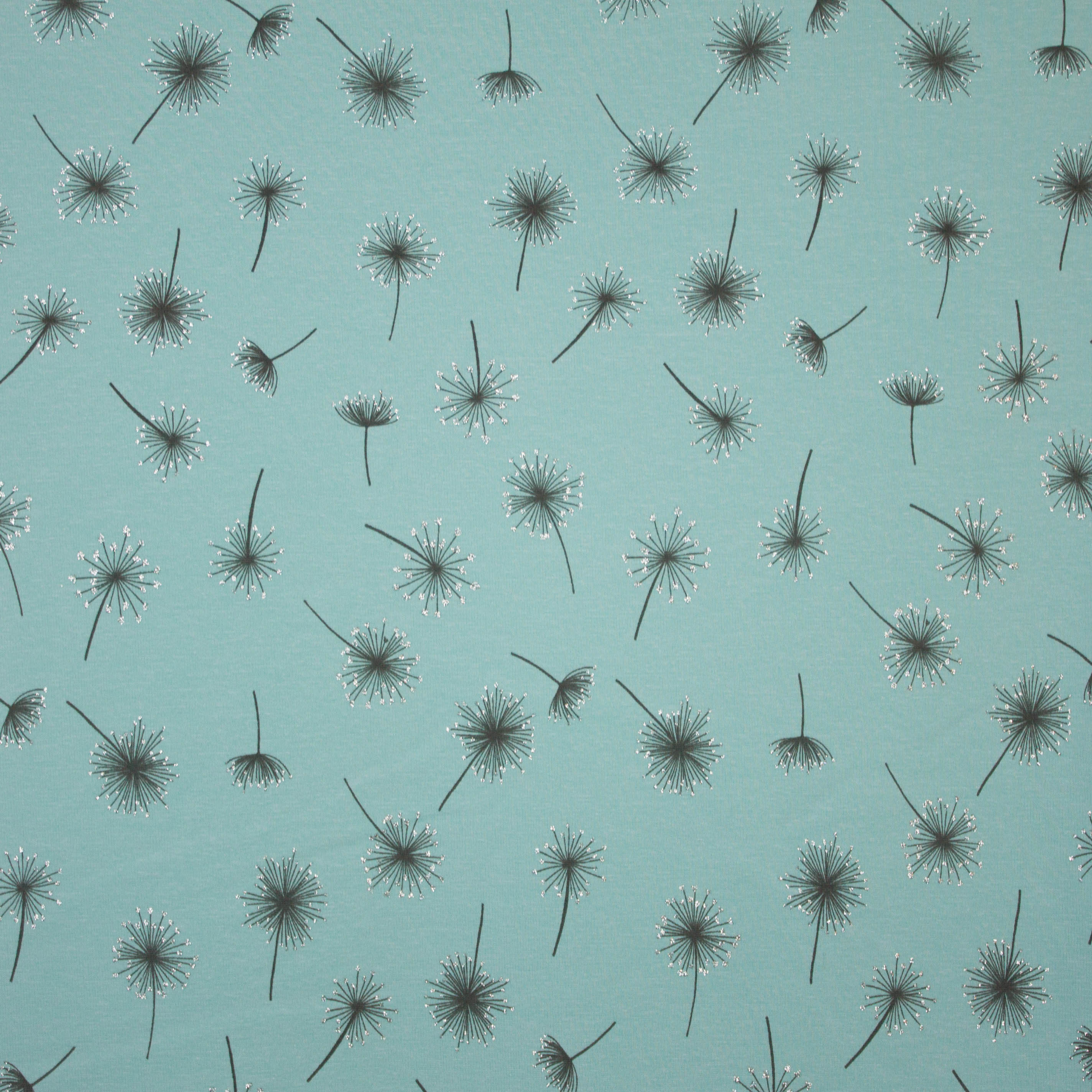 Munt sweaterstof met pluisbloemen motief met zilveren glitter