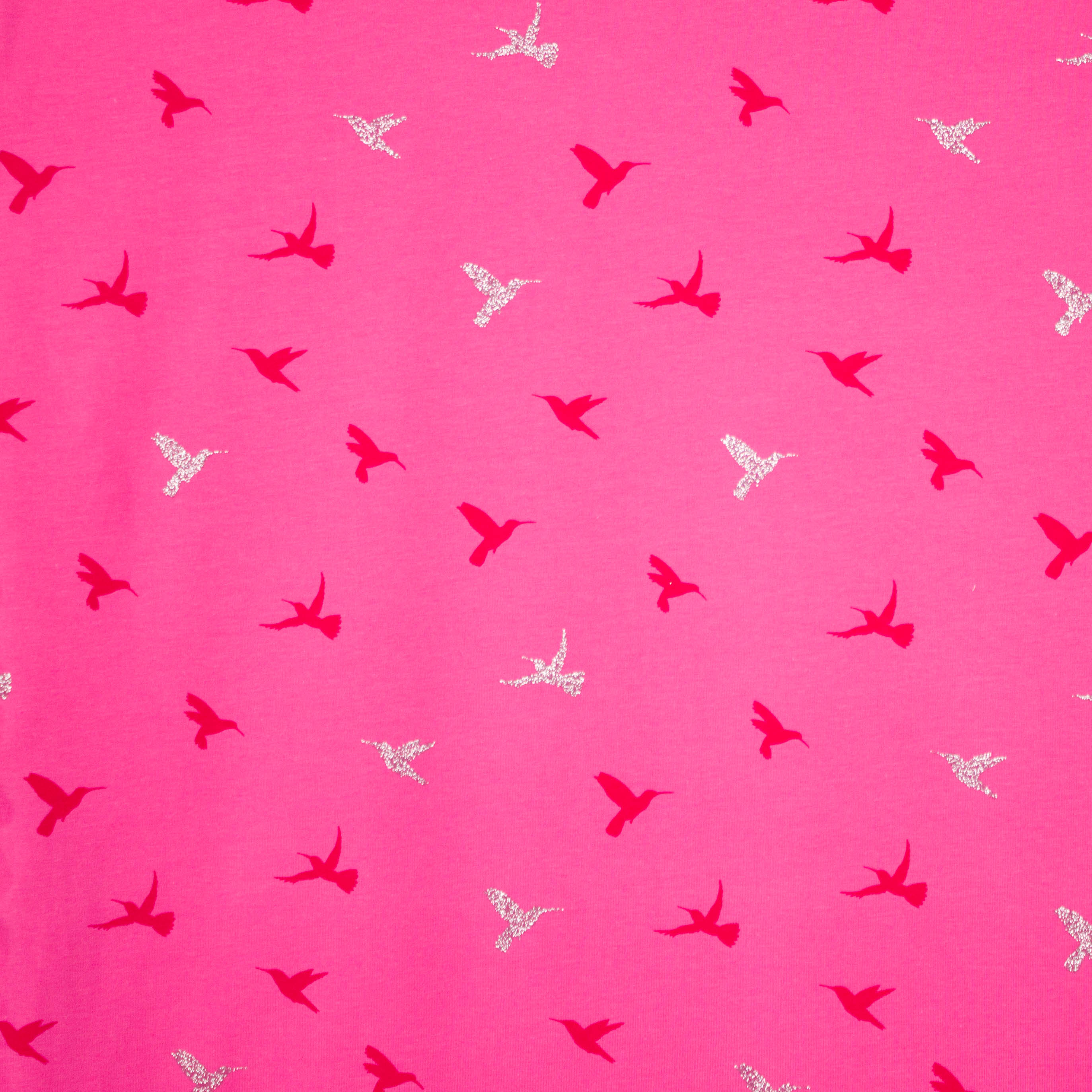 Felroze tricot met colibri's in zilveren glitter en rood