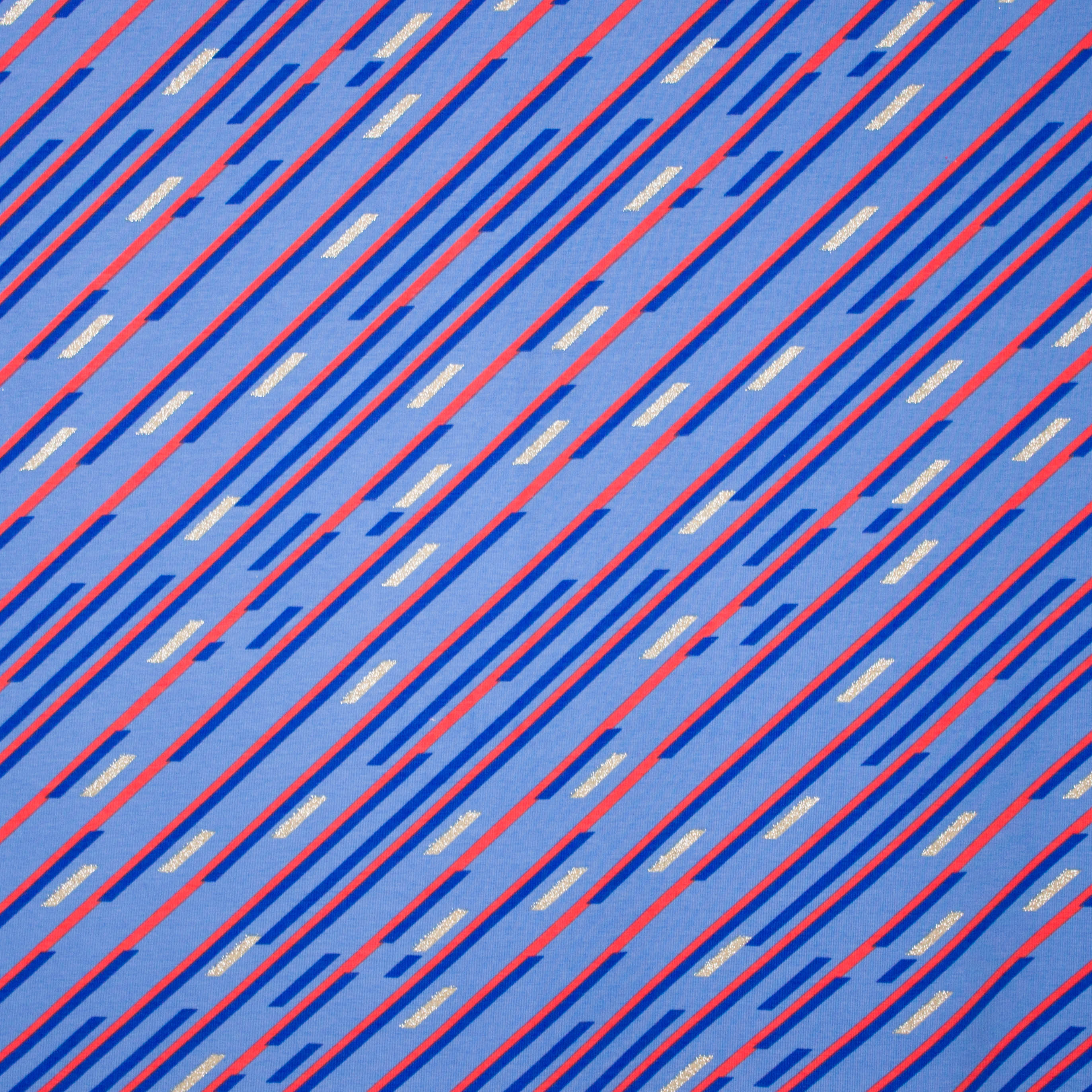 Blauwe tricot met schuine strepen in donkerblauw, zilveren glitter en oranje