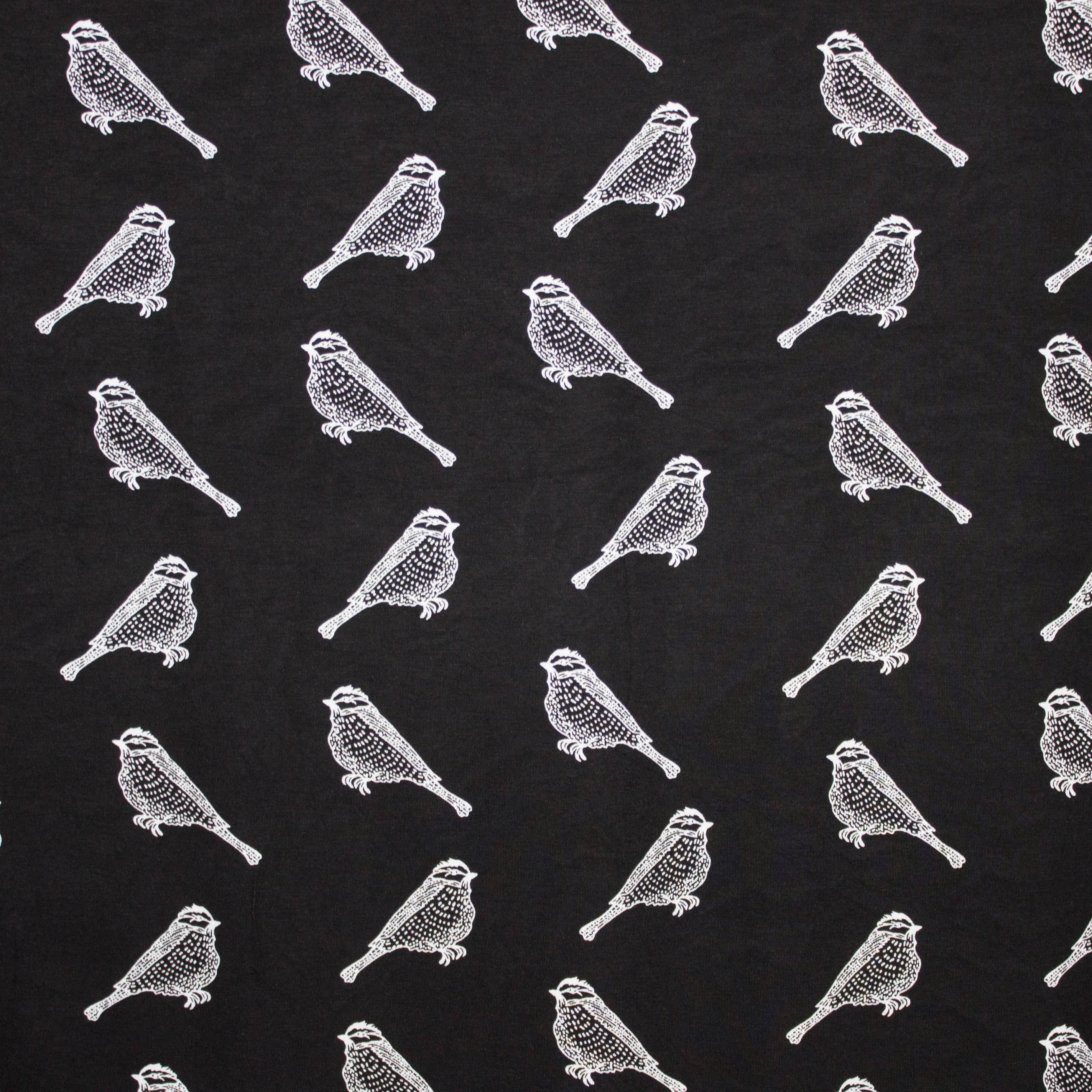 Zwarte viscosetricot met witte vogels