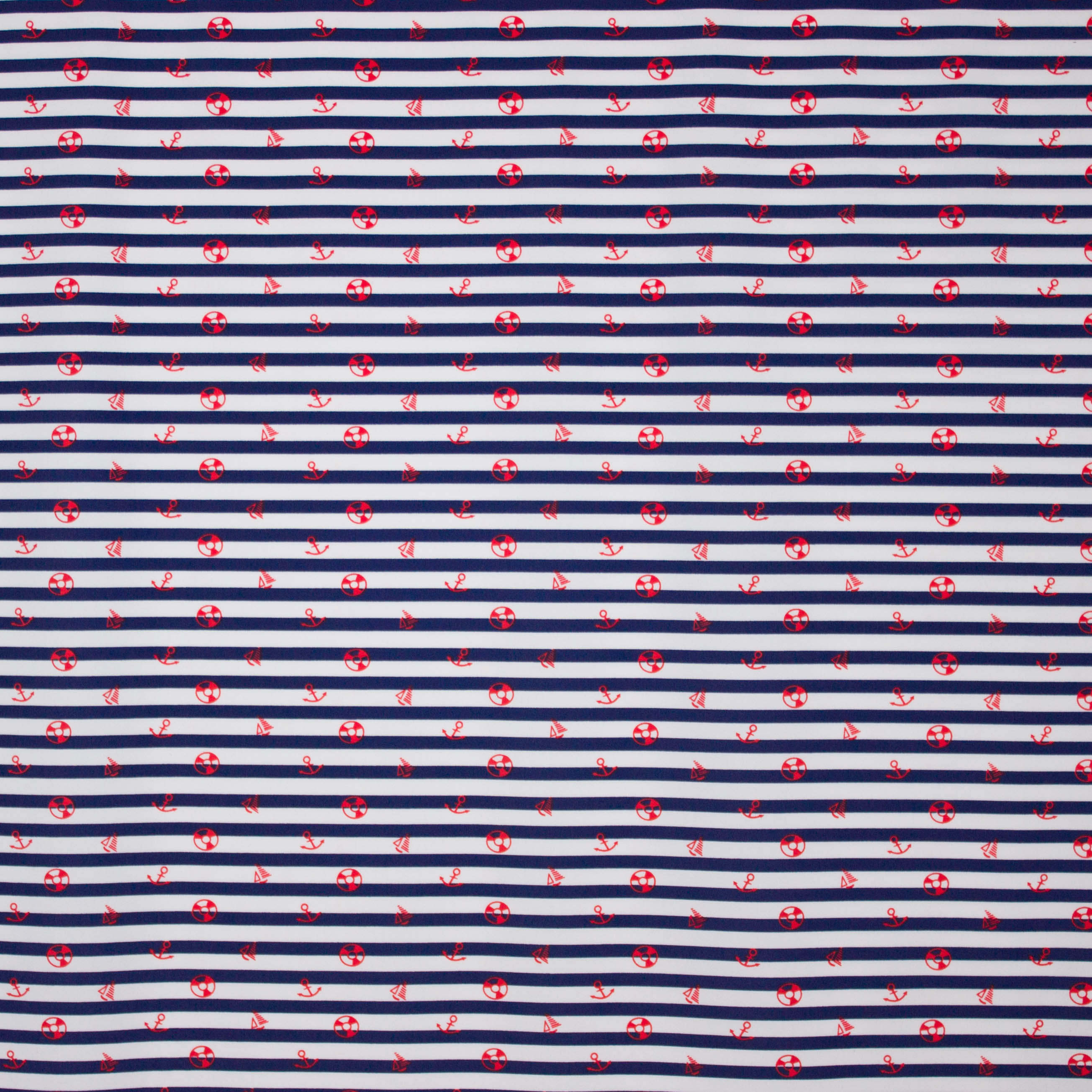 Blauw - wit gestreepte badpakkenstof met rode motiefjes