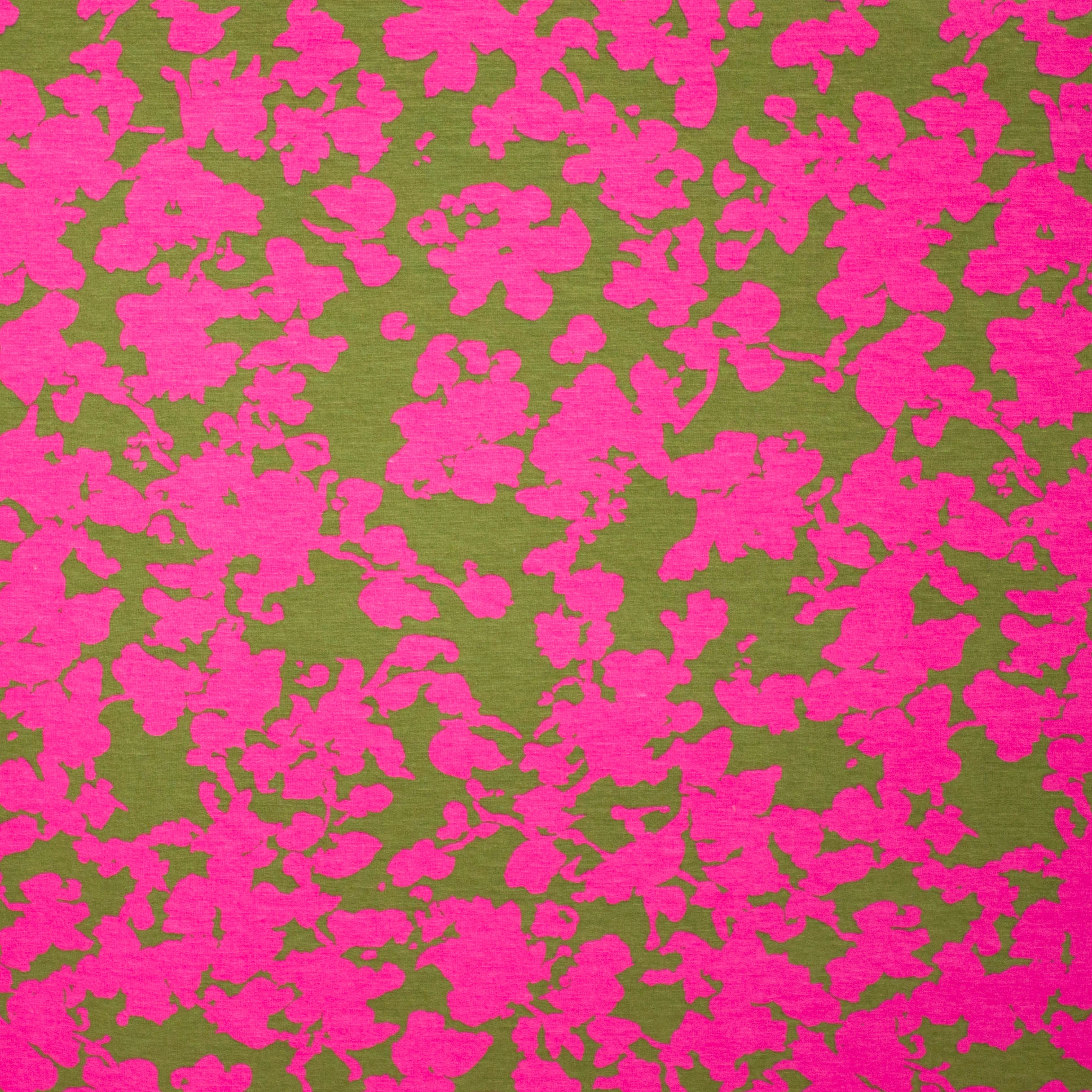 Kaki viscose tricot met abstract fuchsia motief
