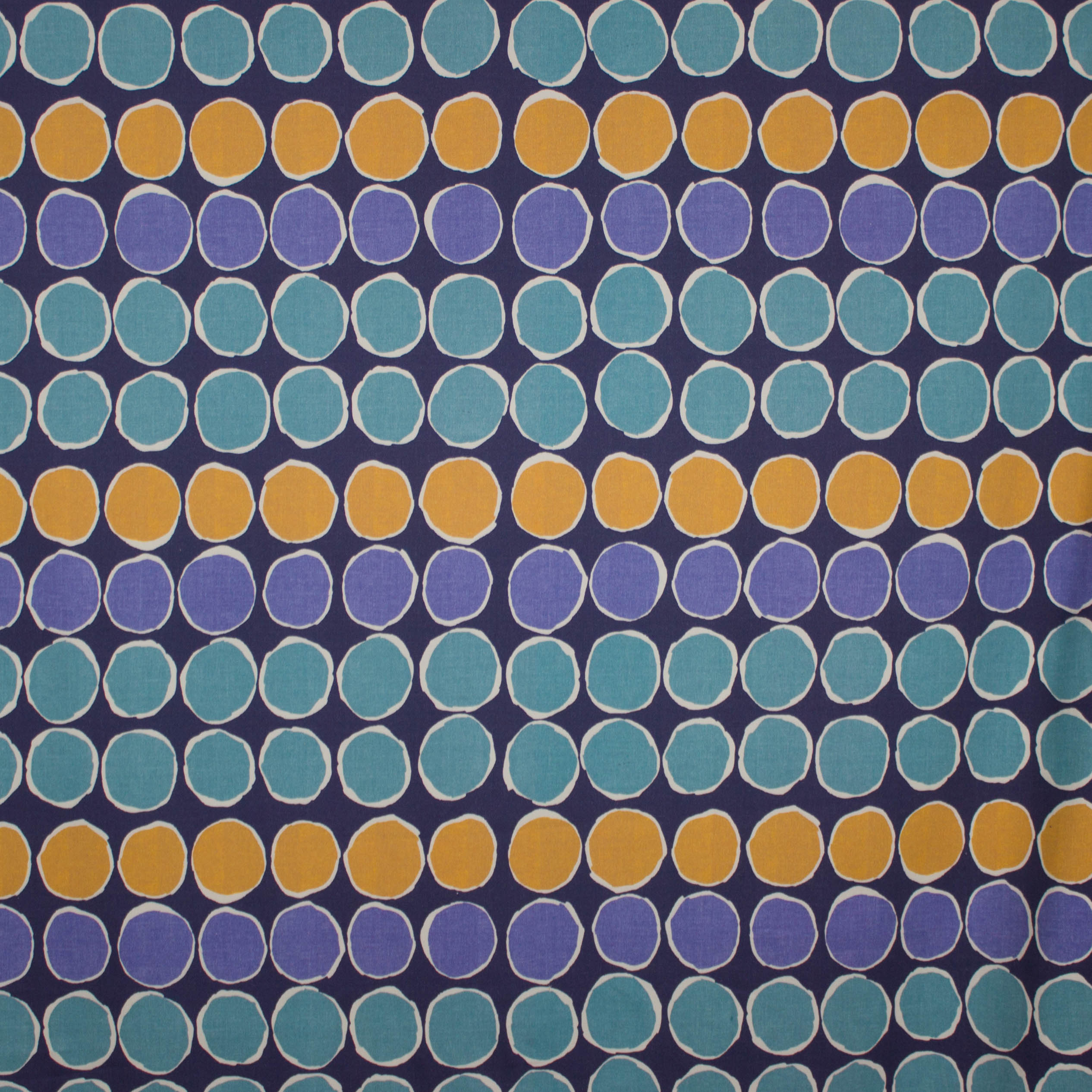 Donkerblauwe katoen met bollen motief in munt, geel en blauw