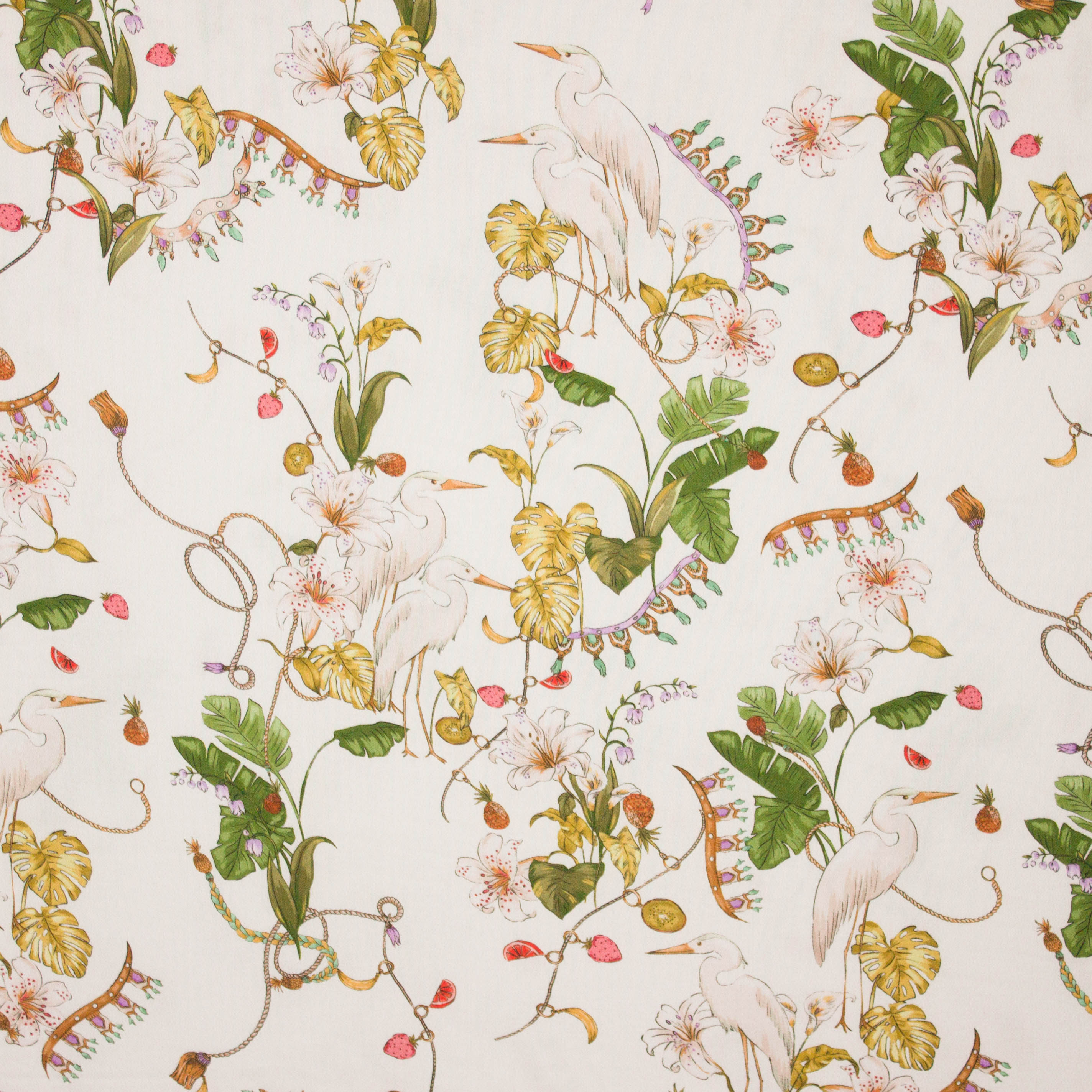 Ecru viscose met reiger en plantenmotief
