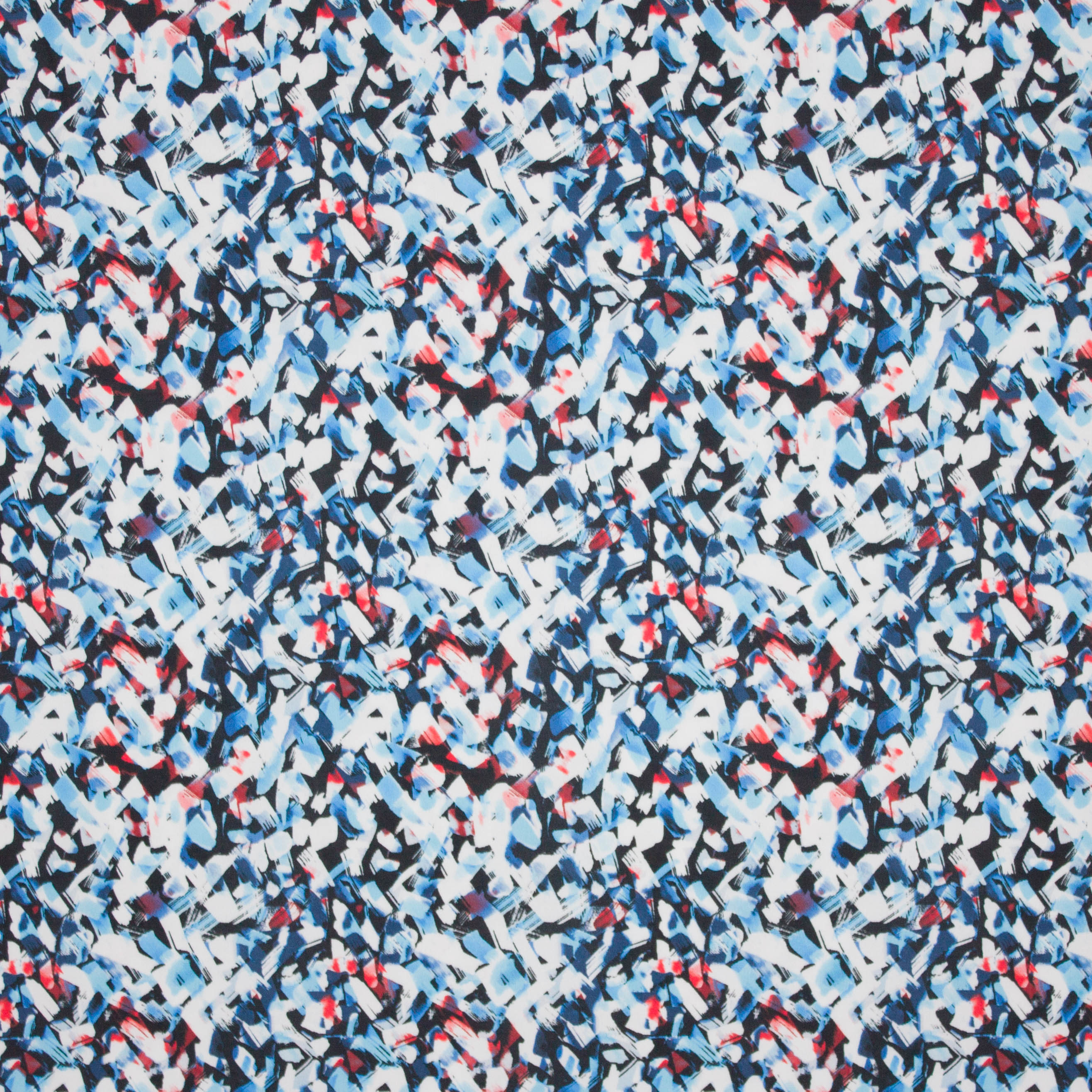 Rekbare polyester met abstracte print in blauw, zwart, rood en wit