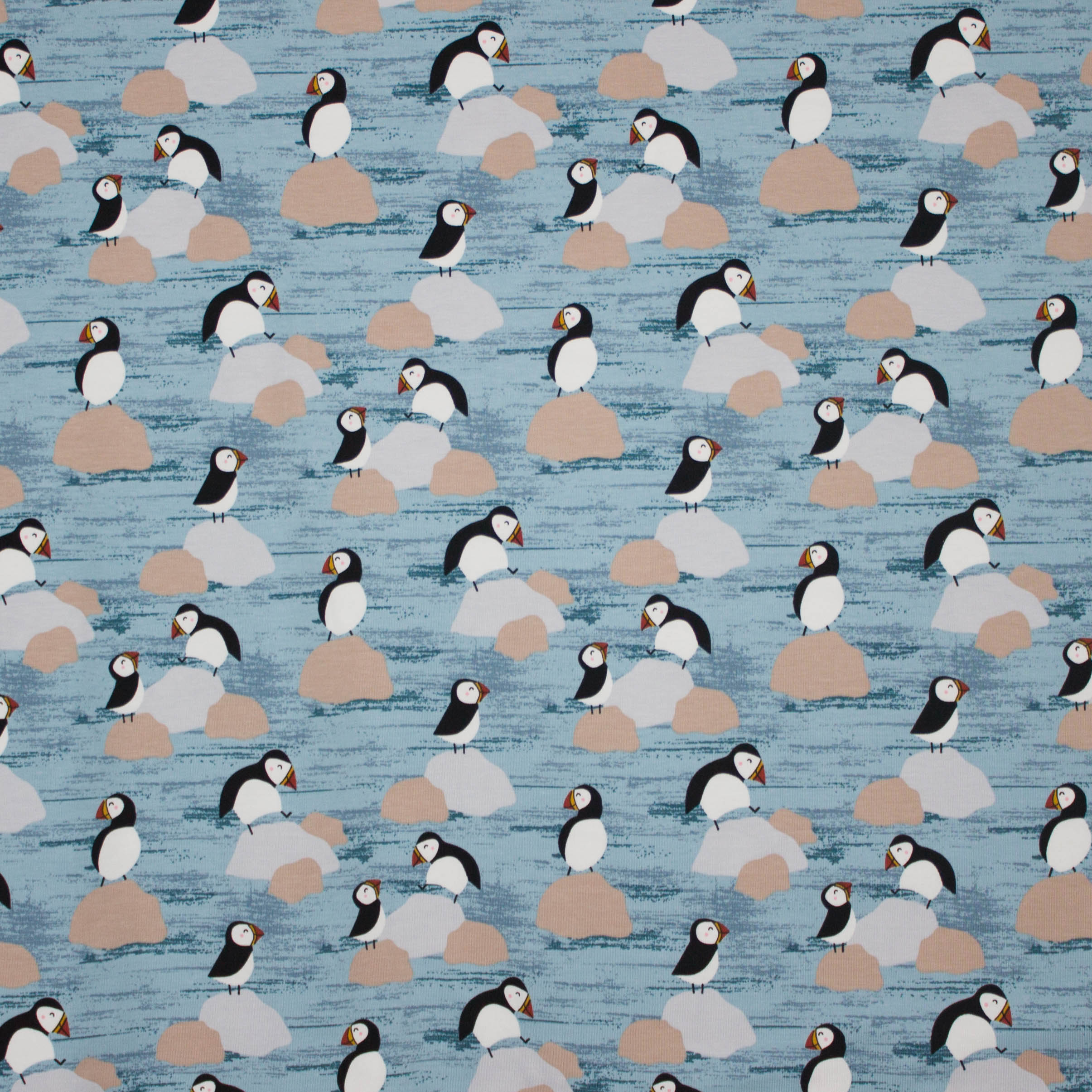 Blauwe tricot met papegaaiduikers motief