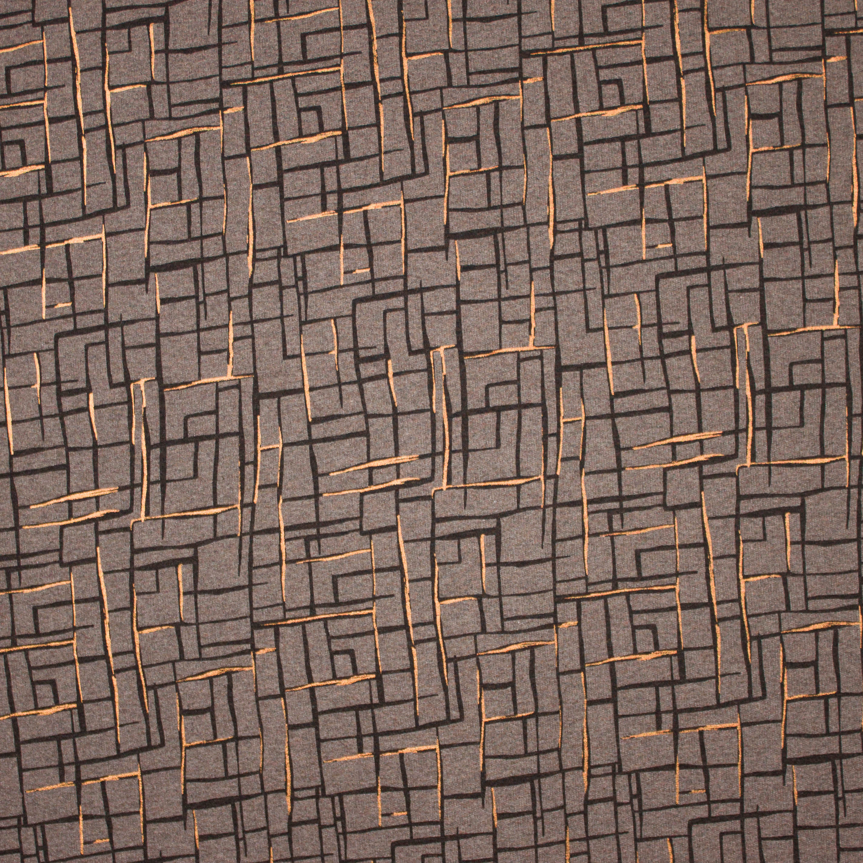 Grijze french terry met abstract lijnenpatroon in zwart en gouden glitter
