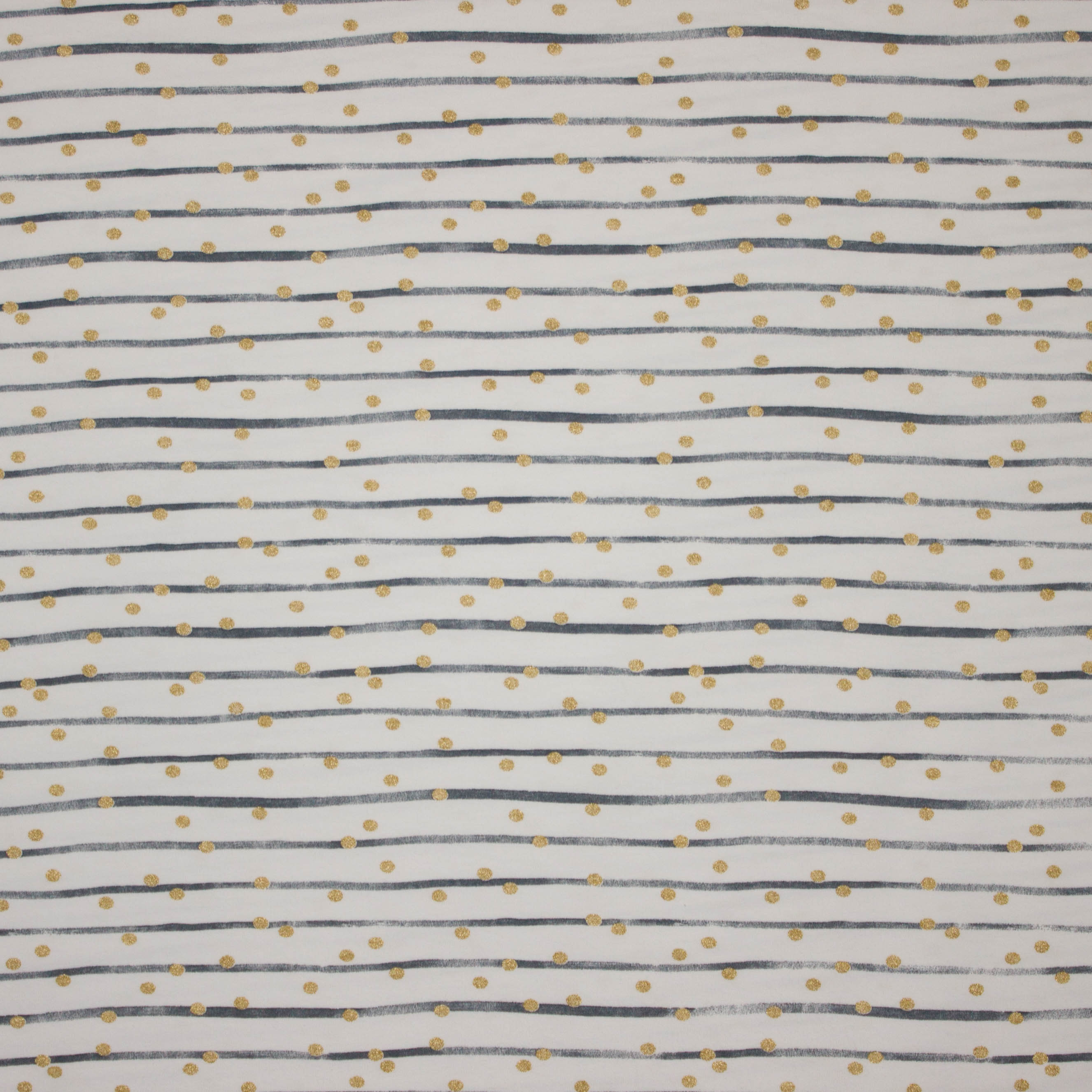 Witte katoenen tricot met blauwe strepen en gouden glitter bollen