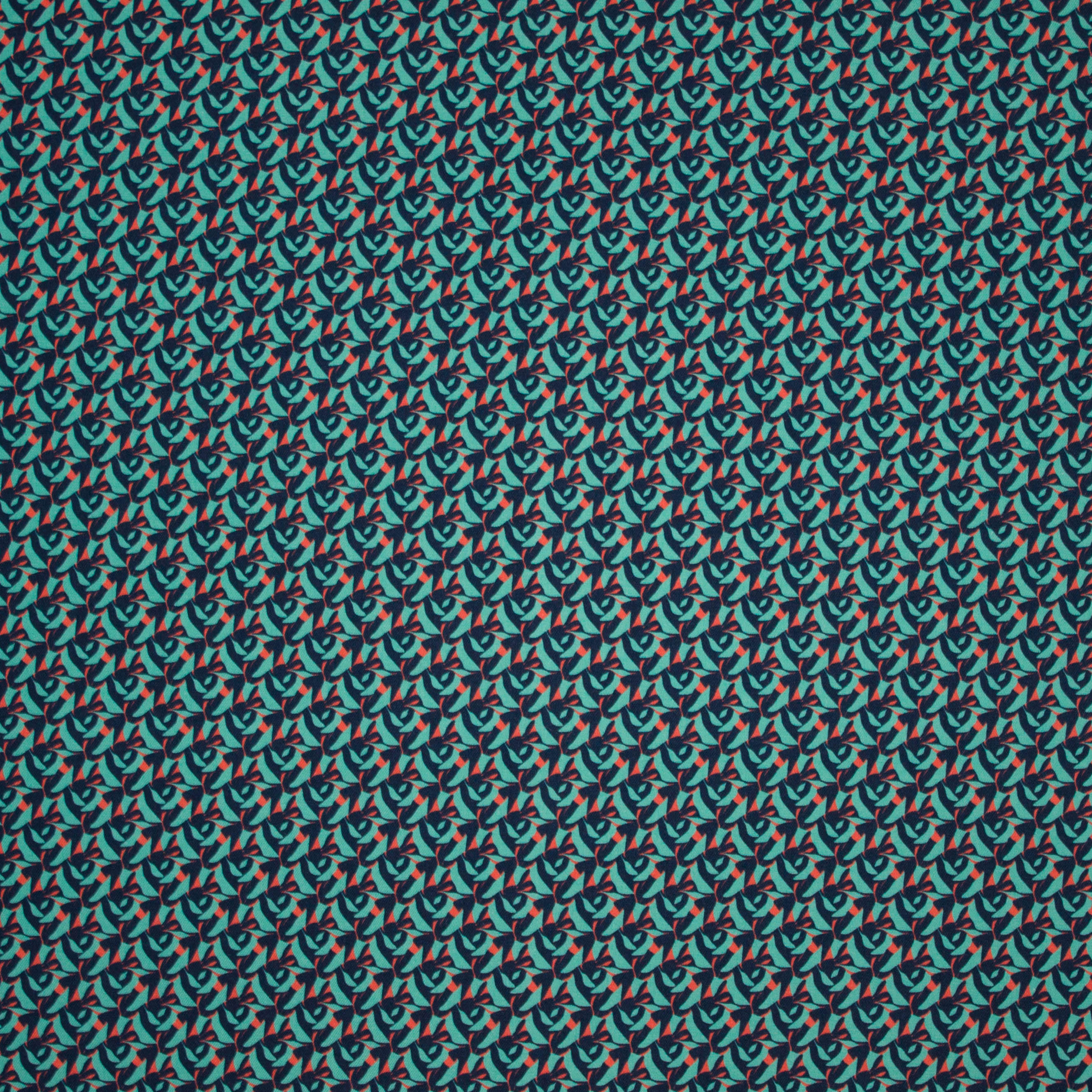 Petrol viscose met abstract motief in blauw en koraalrood