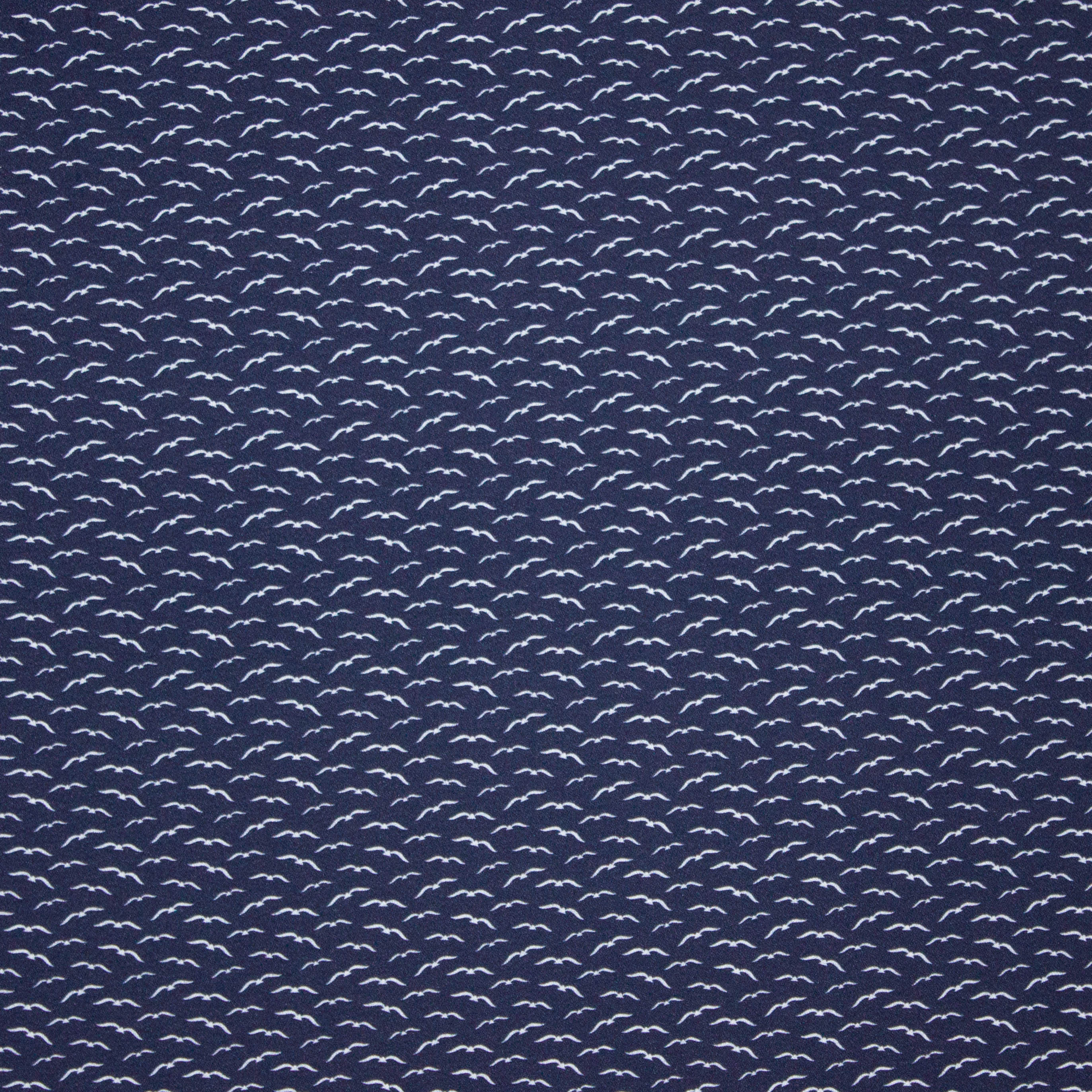 Donkerblauwe viscose met wit vogelmotief