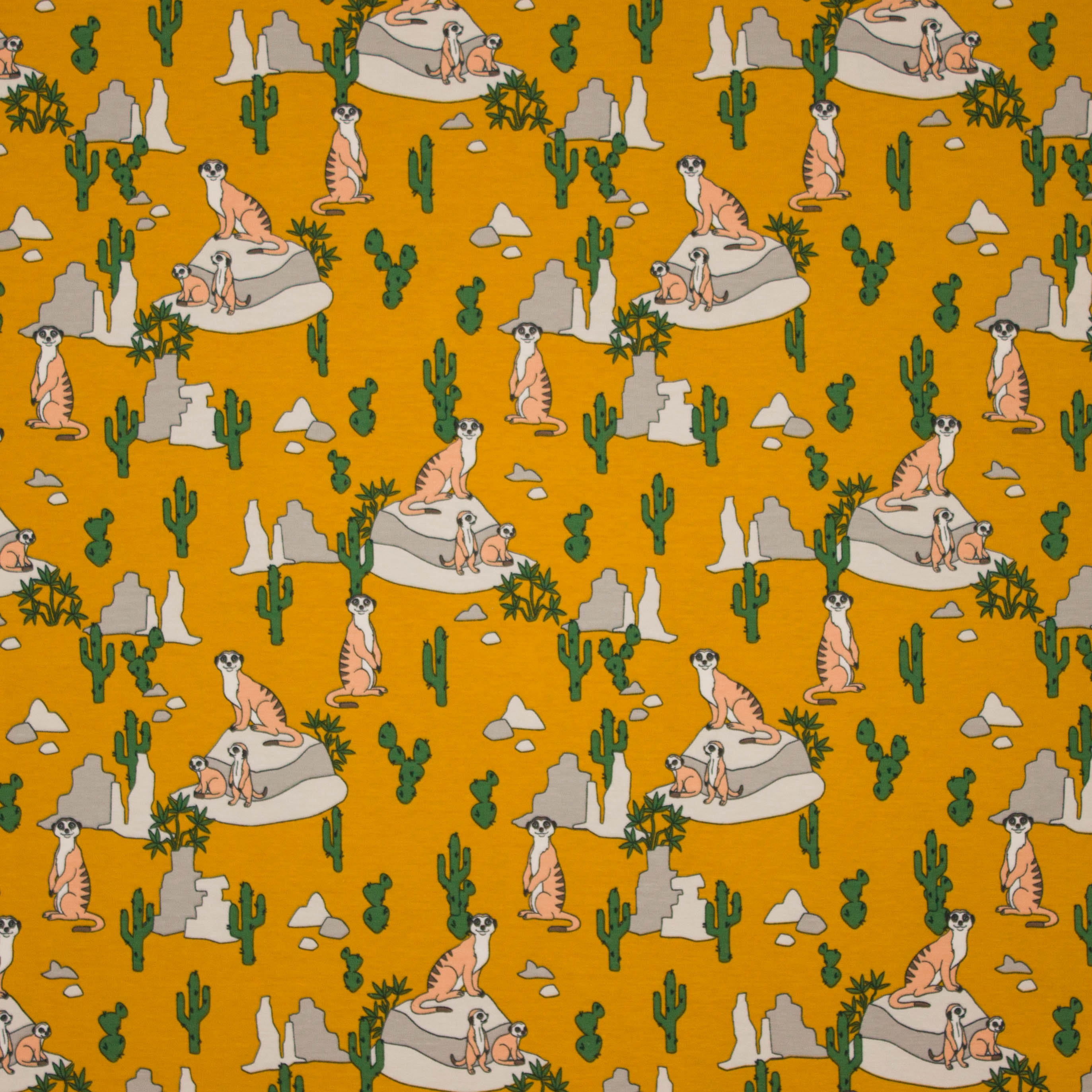 Gele tricot met motief van stokstaartjes, rotsen en cactussen