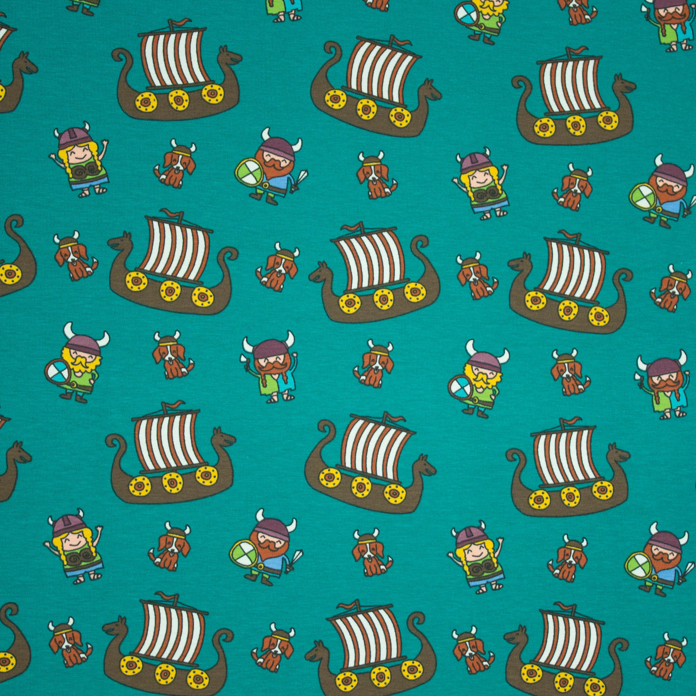 Groene tricot met vikings, boten en honden