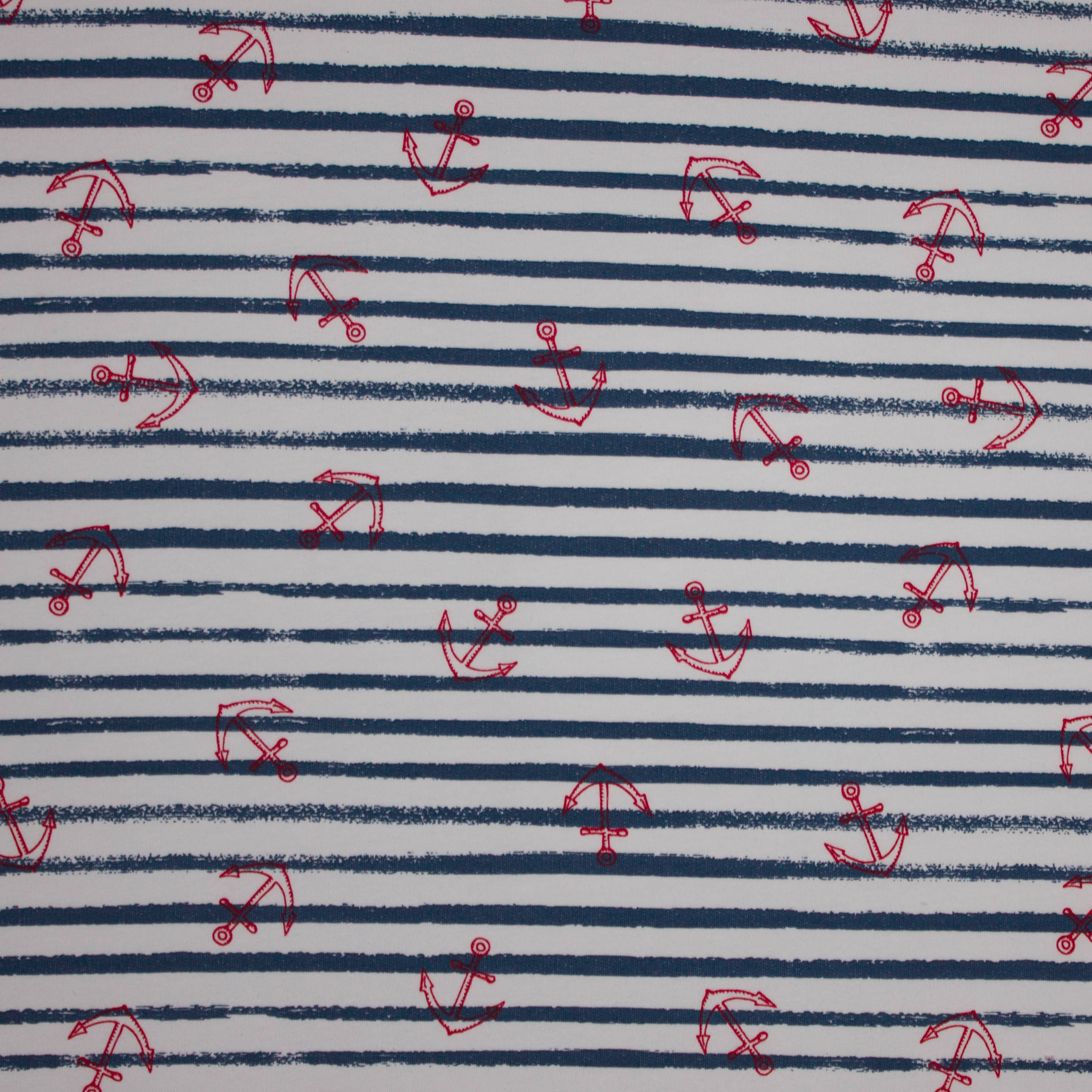 Wit en blauw gestreepte sweaterstof met rode anker