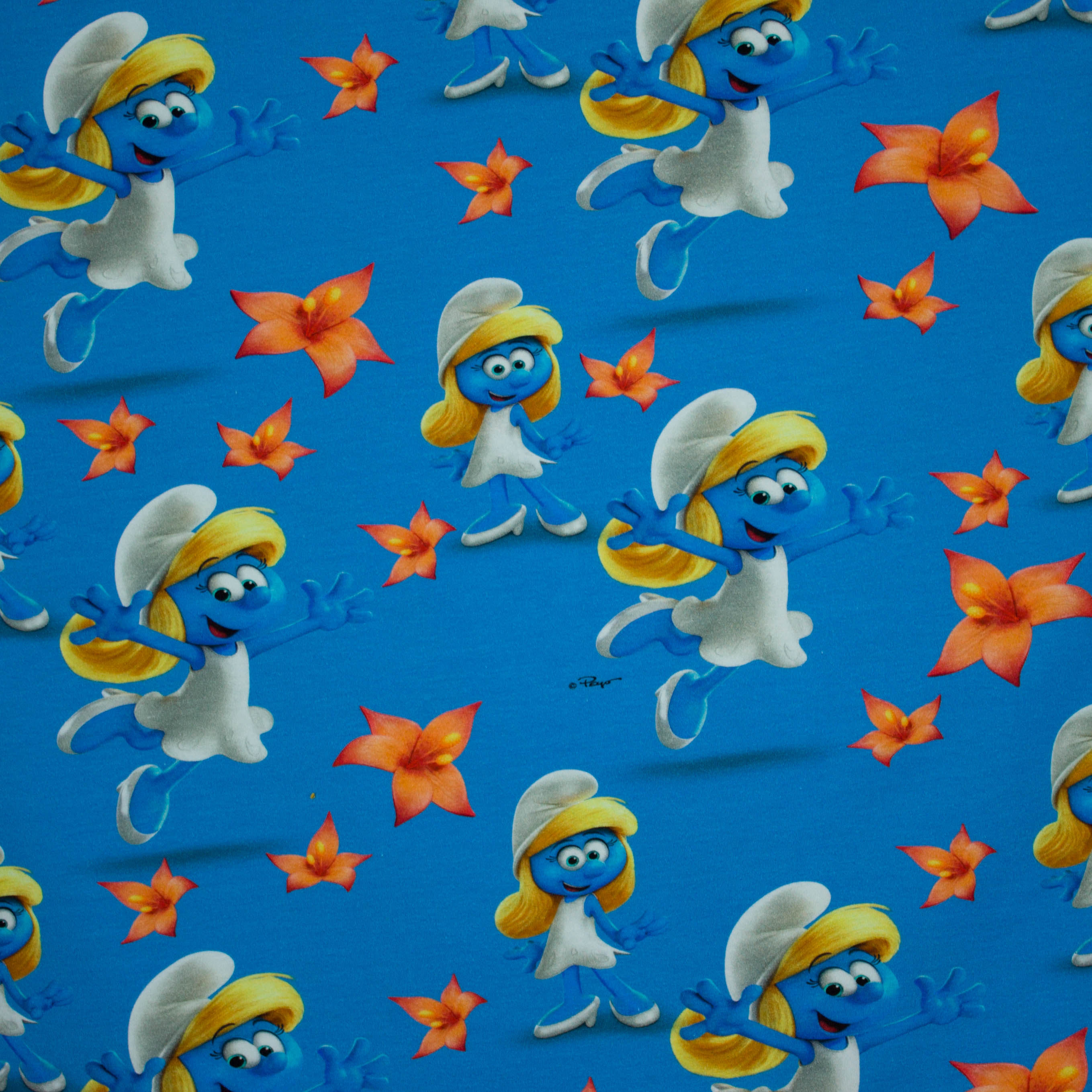 Lichtblauwe tricot met smurfin en bloemen motief