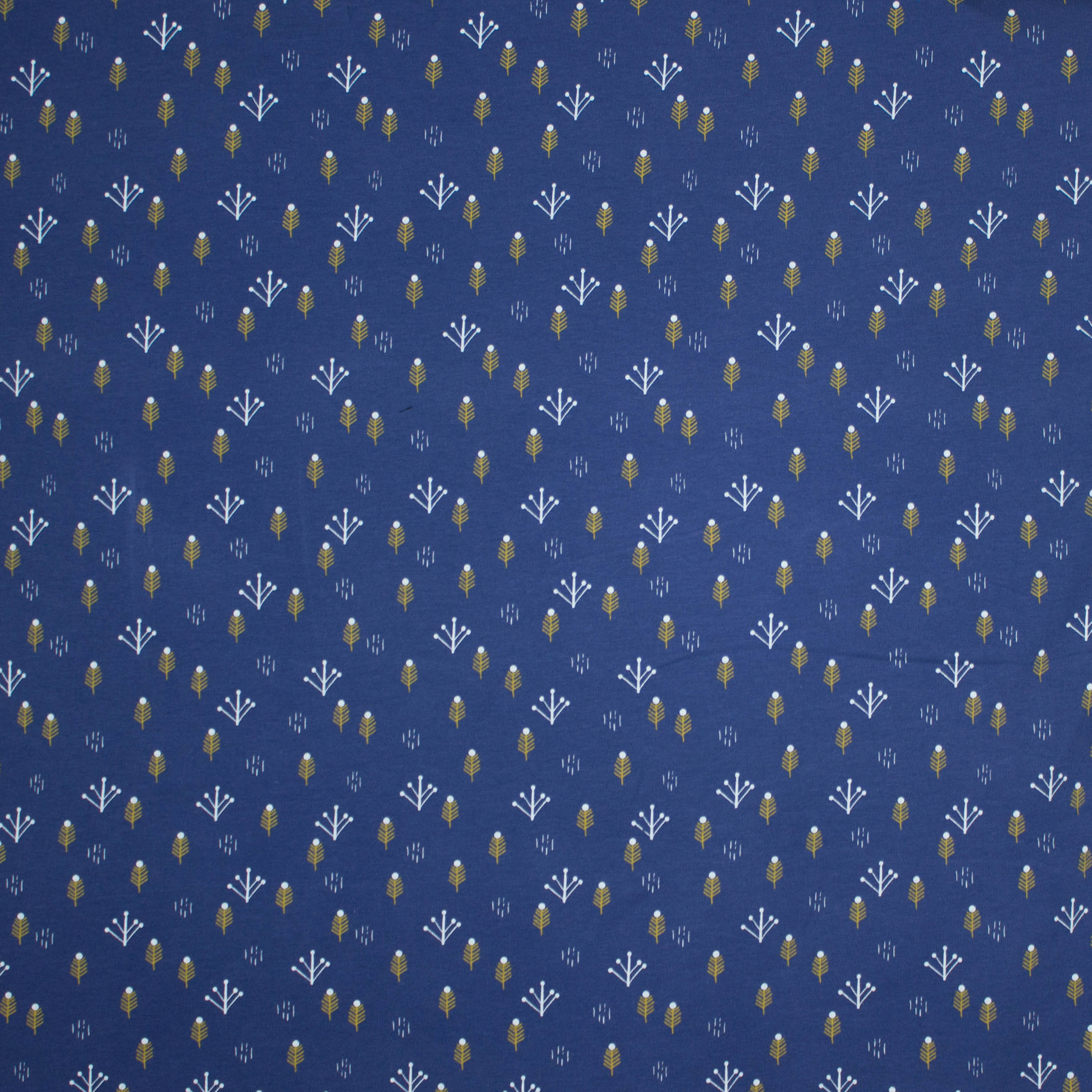 Donkerblauwe sweaterstof met fijn takjesmotief in wit en geel