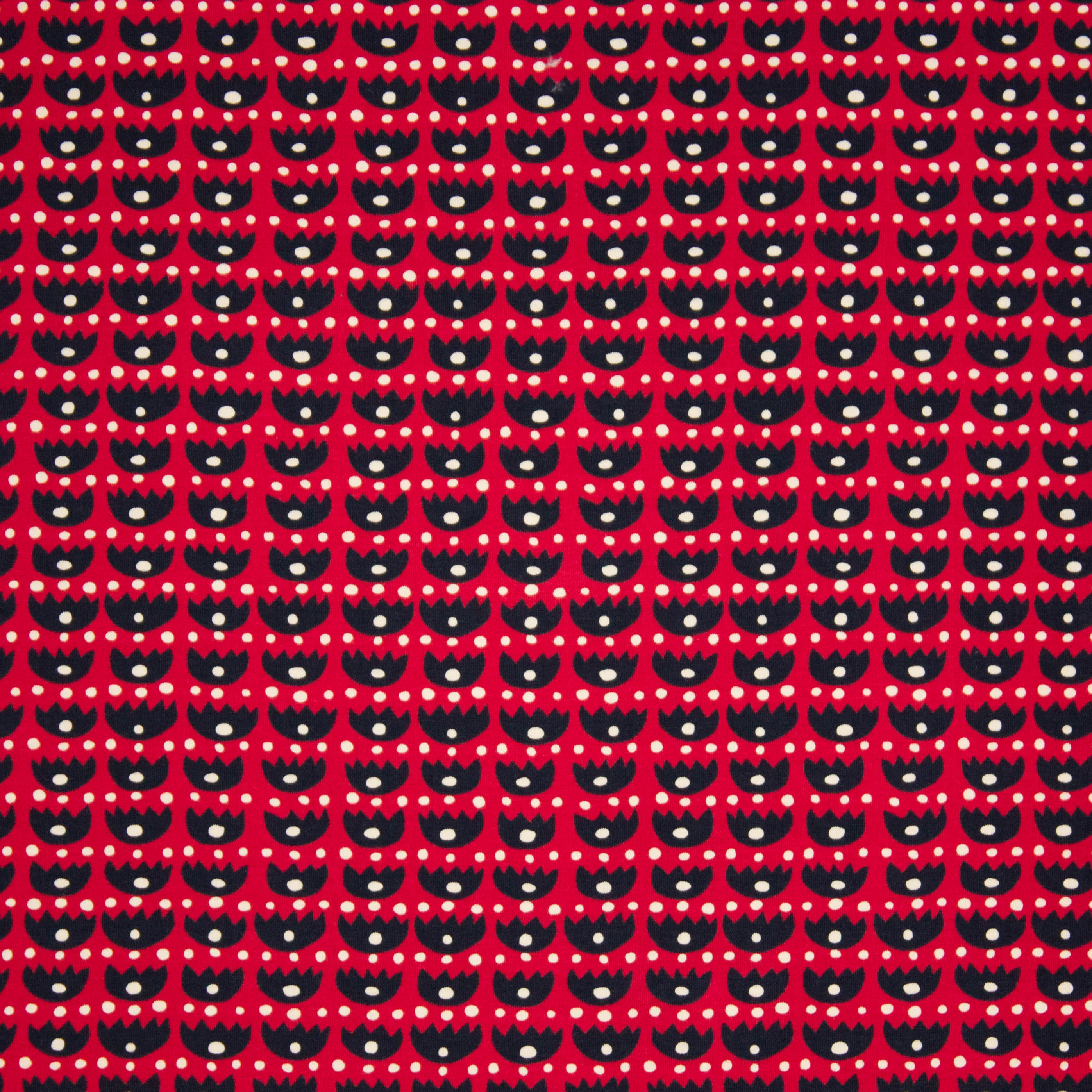 Rode organische tricot met abstracte tulpen motief van 'Lillestoff'