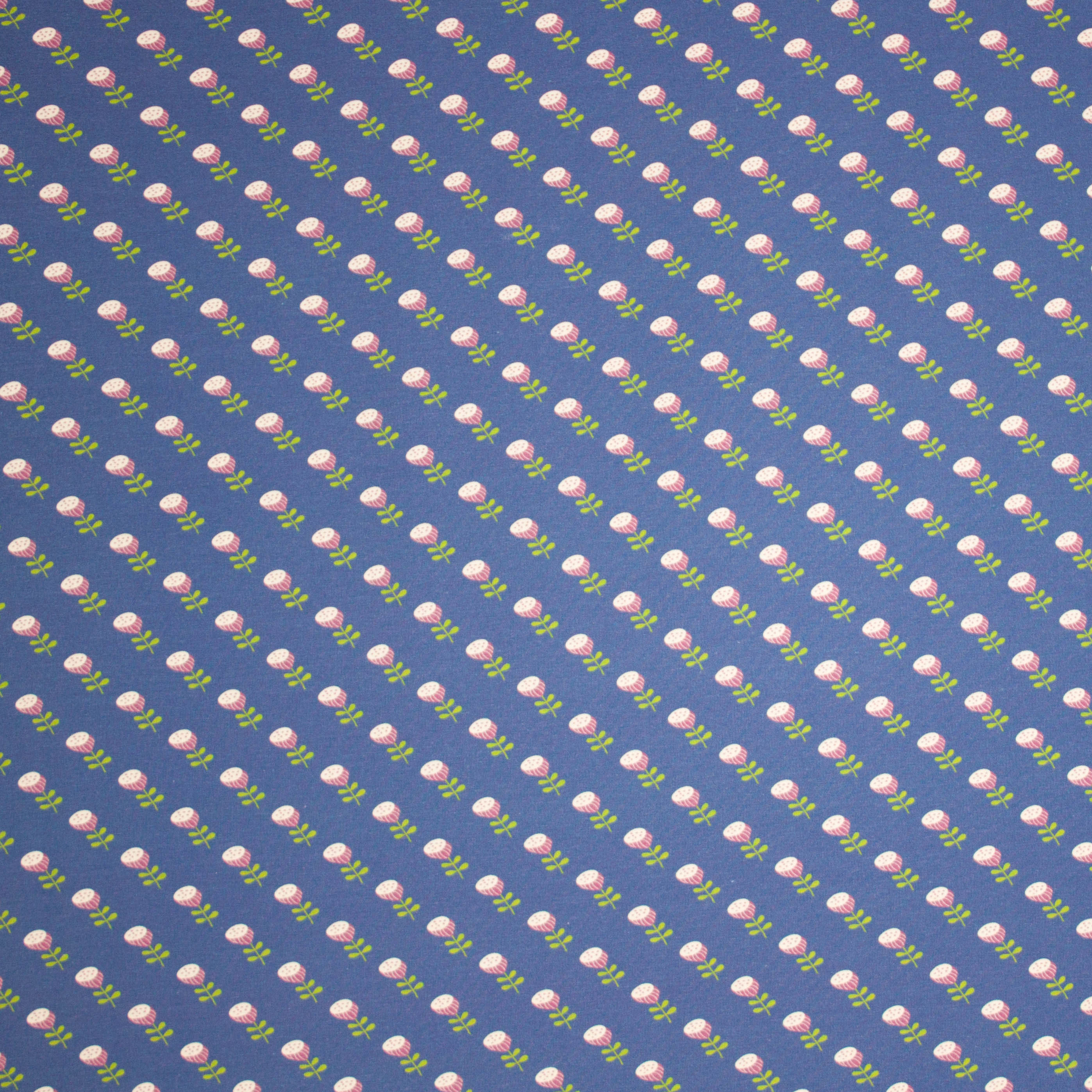 Blauwe french terry met bloemen motief