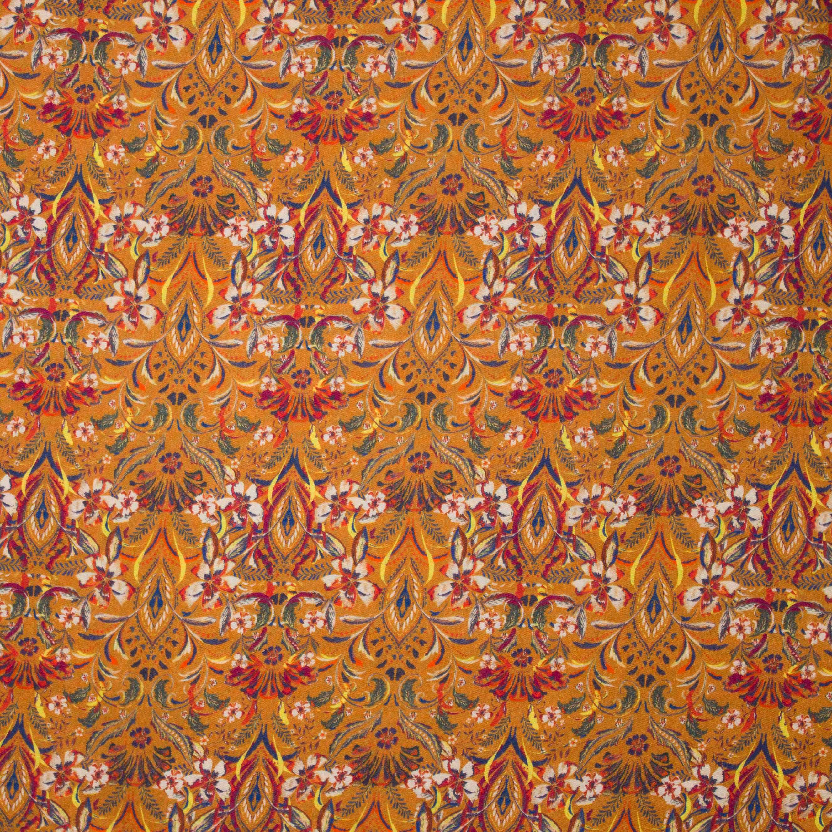 Zacht oranje viscose - wolmengeling met bloemen motief