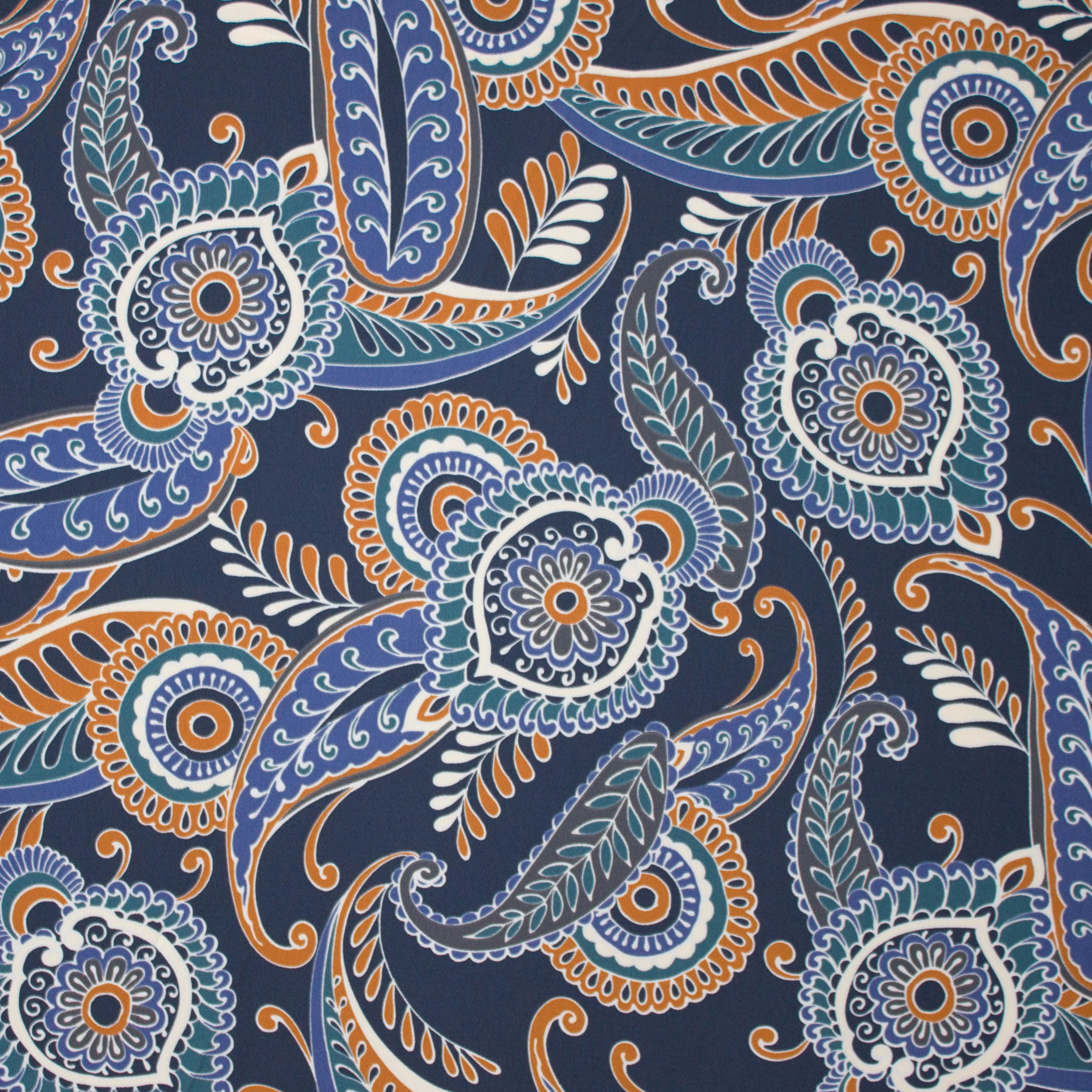 Polyester crêpe blauw met retro bloemen