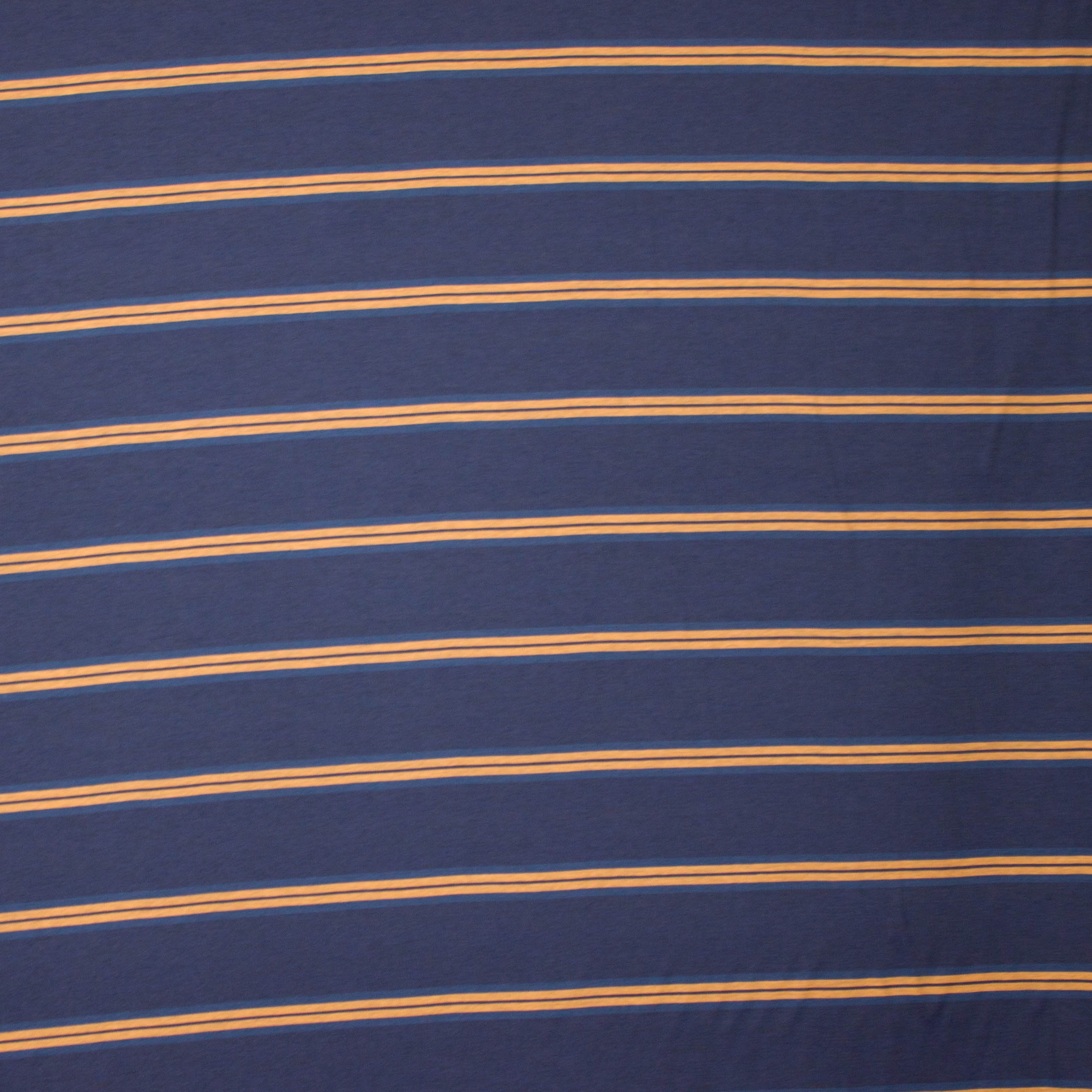 Donkerblauwe viscose - polyester mengeling met lichtbruine strepen