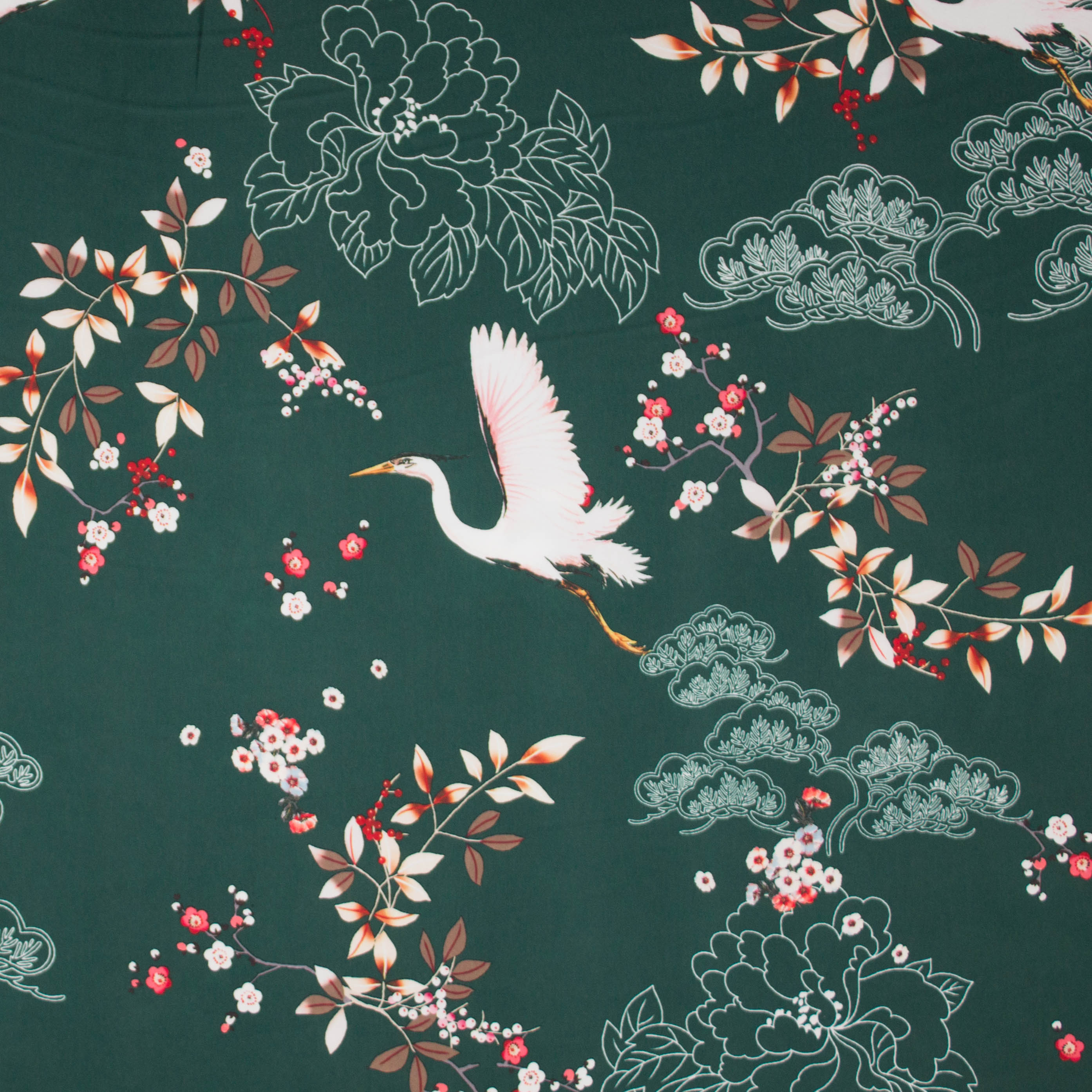 Groene polyester met kraanvogels en bloemen