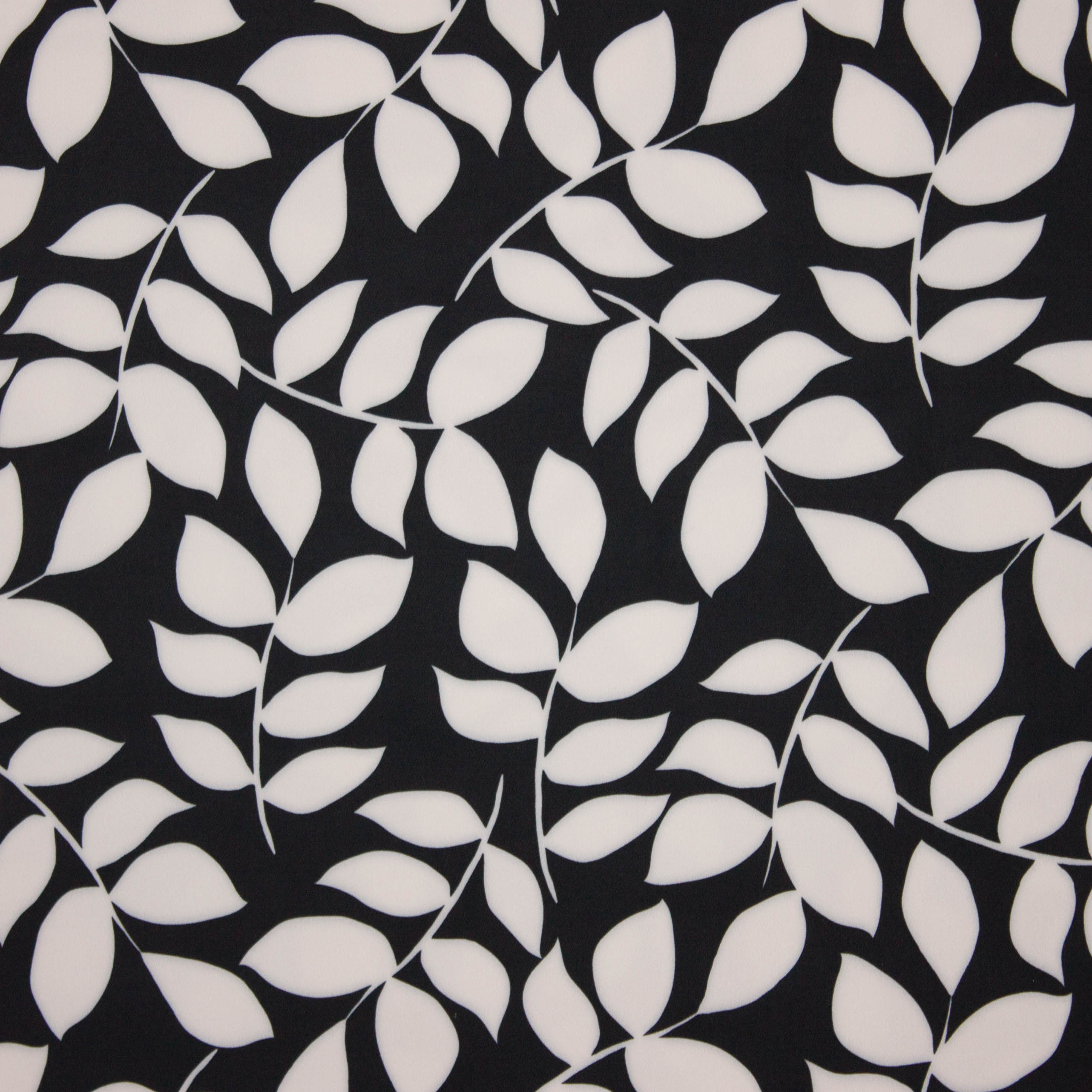 Zwarte polyester met wit bladmotief