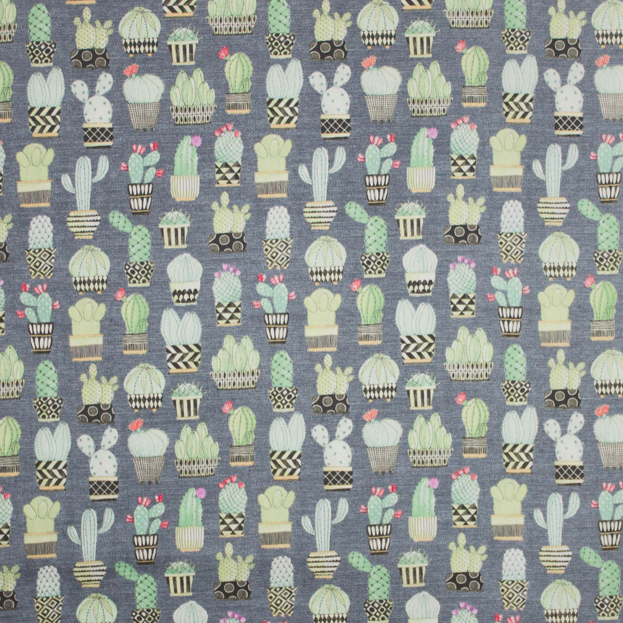 Katoen jeansblauw cactus print