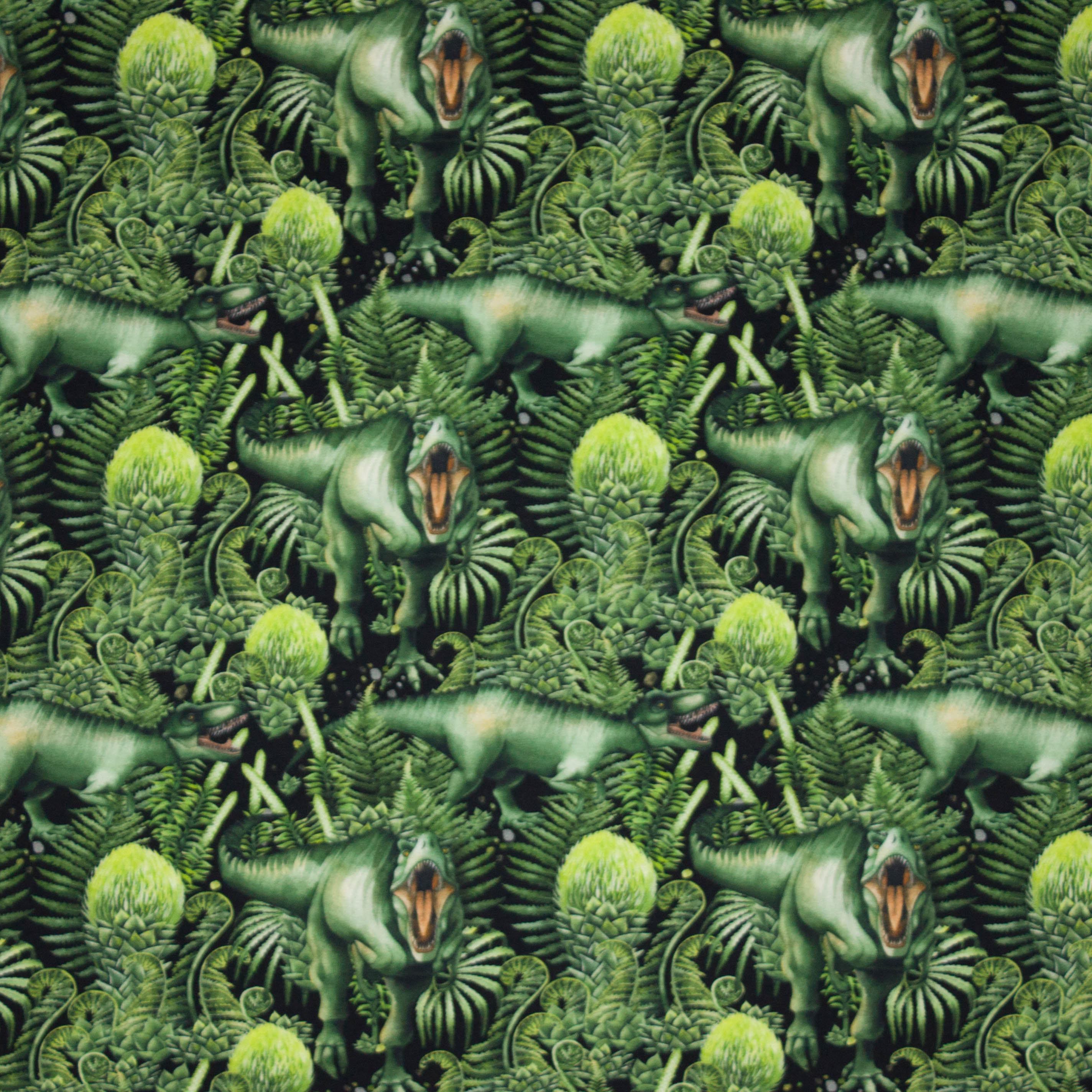 Zwarte sweaterstof met groene dino's en planten