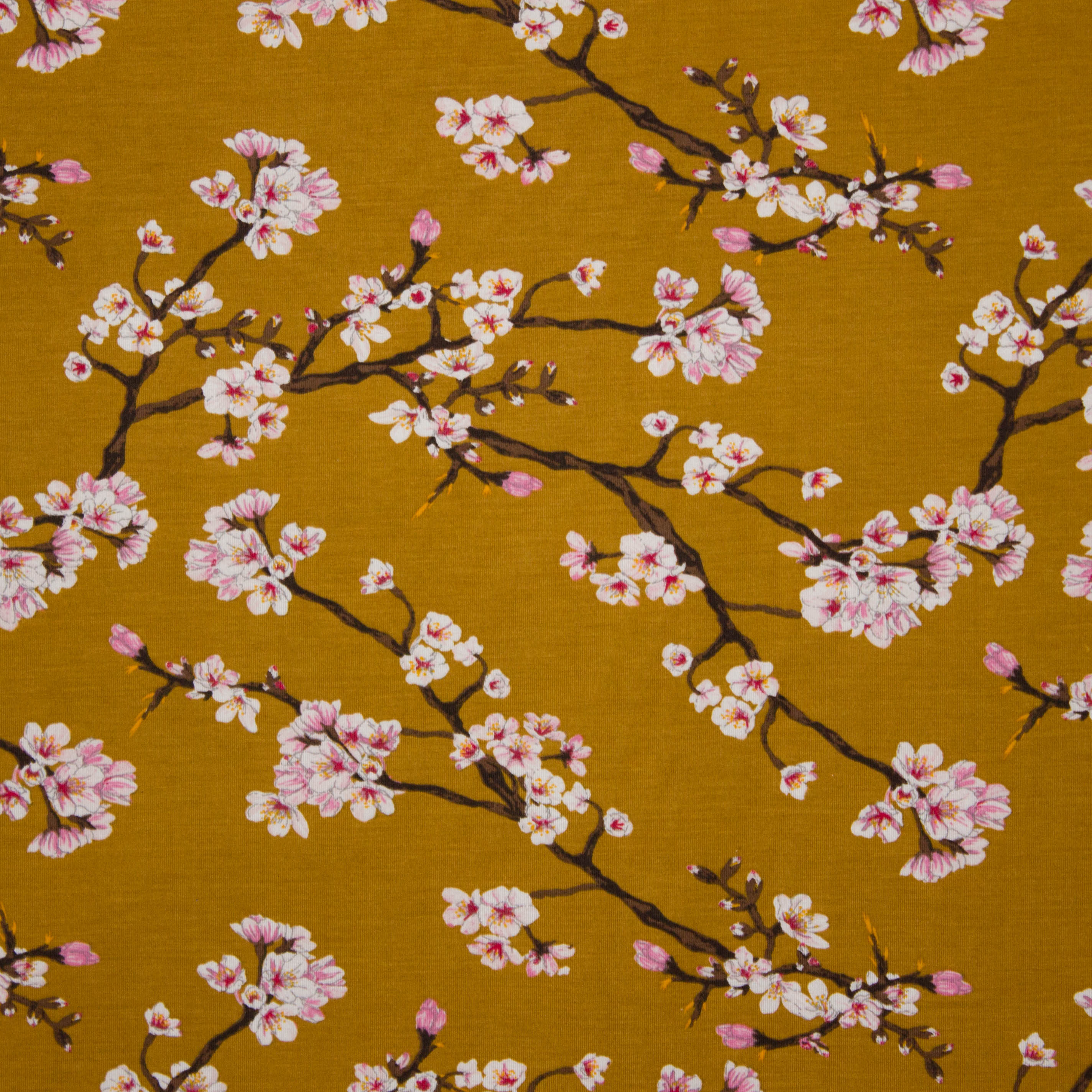 Mosterdkleurige modal tricot met bloesems
