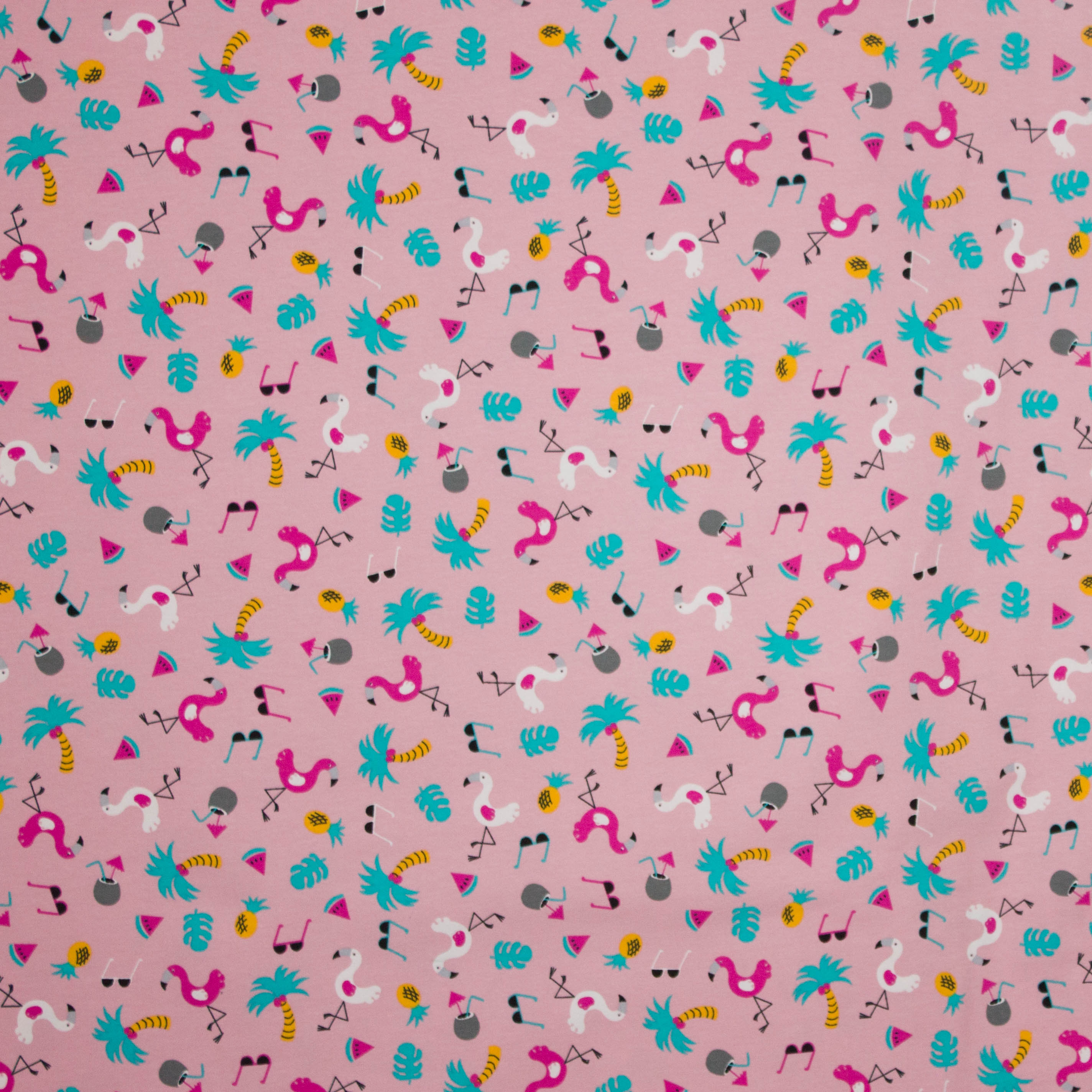Katoen tricot roze flamingo motief