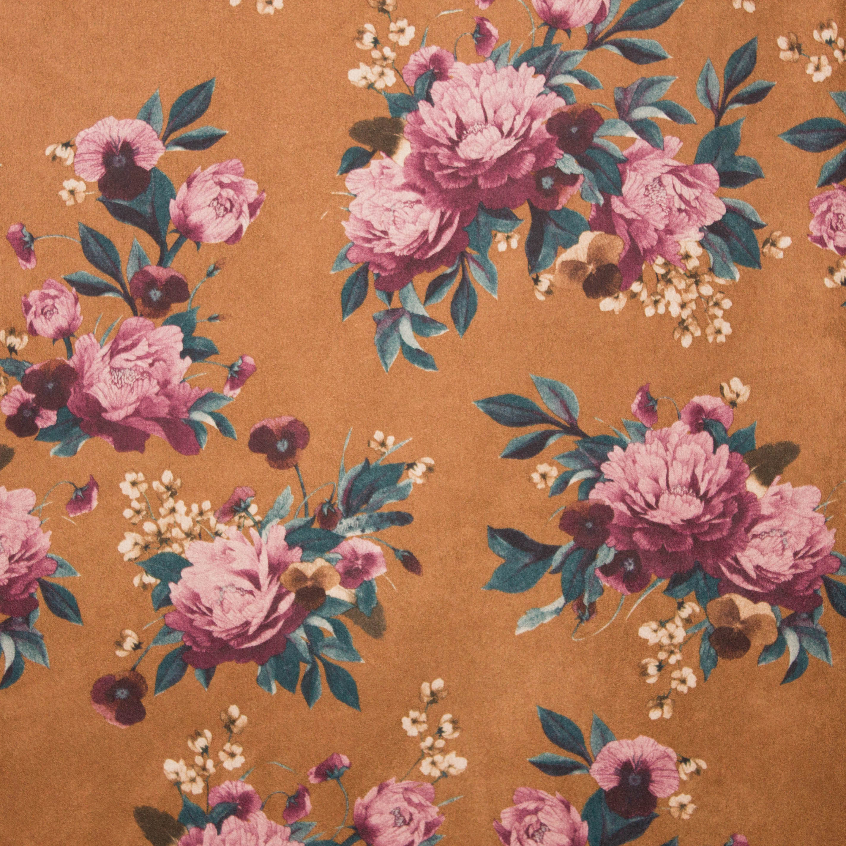 Rekbare imitatiesuede in bruin met bloemenmotief