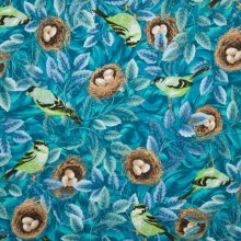 Blauwe katoen met bos tafereel