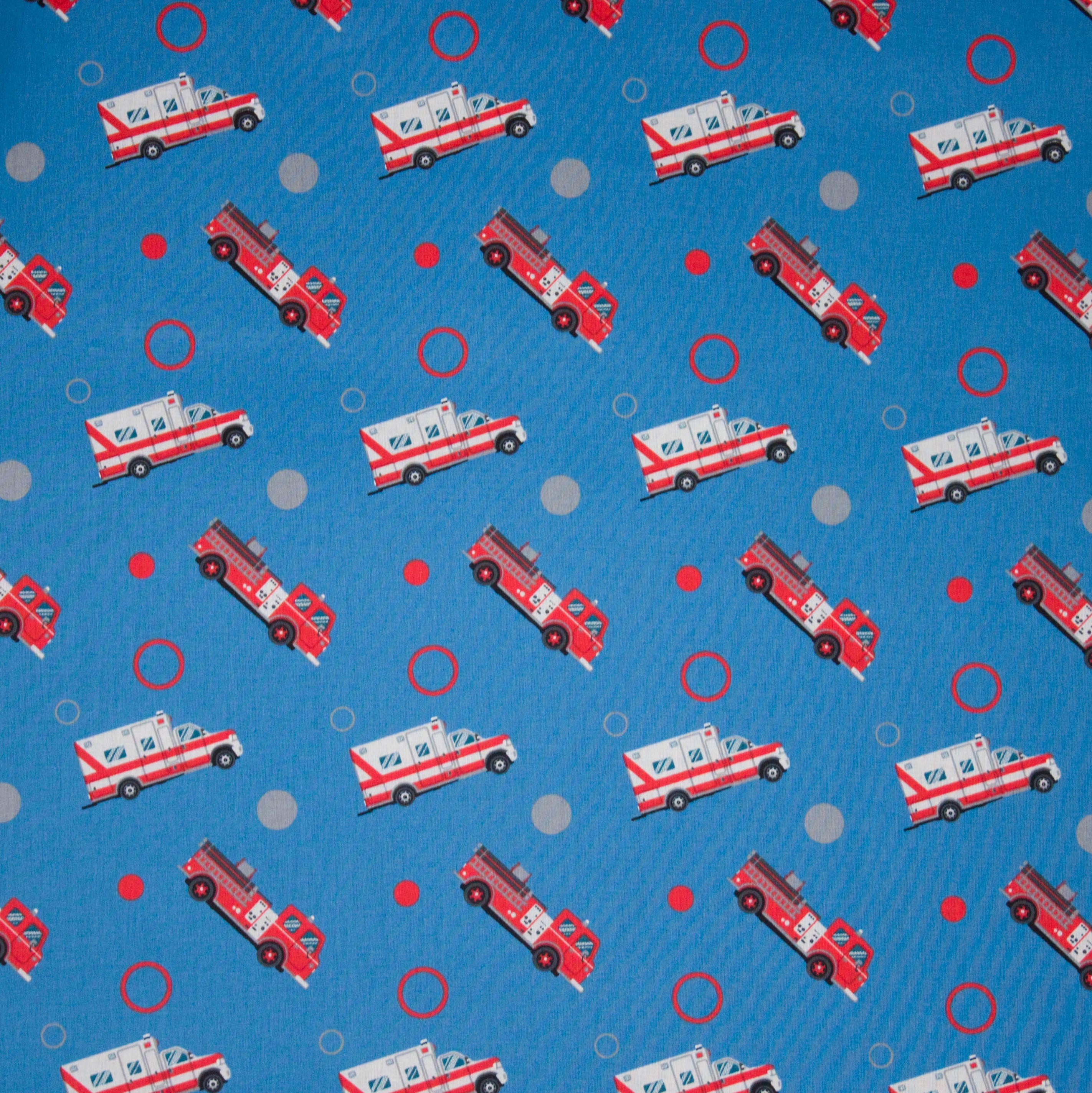 Katoen blauw brandweer motief