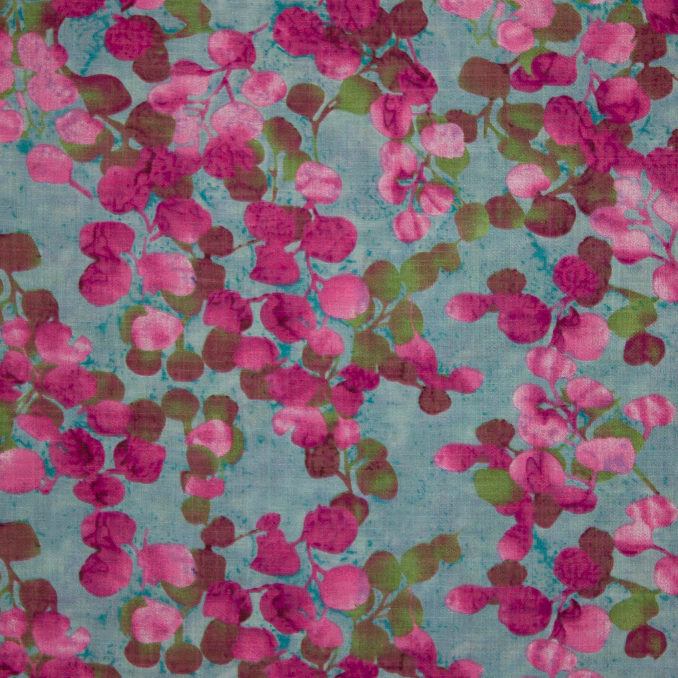 Turquoise rayon / katoenmengeling met bladmotief