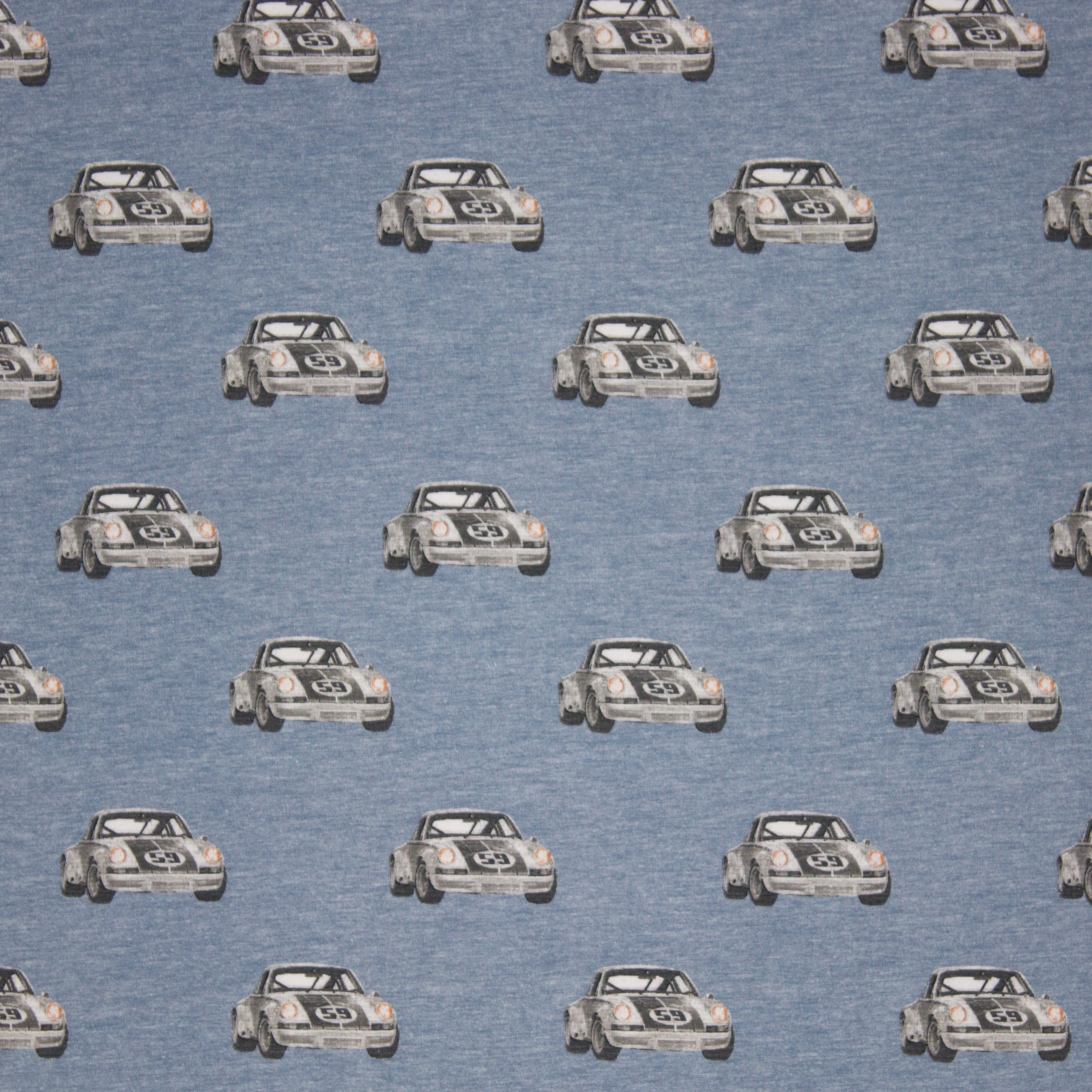 Blauw gemeleerde tricot met auto's 'Road Trip'