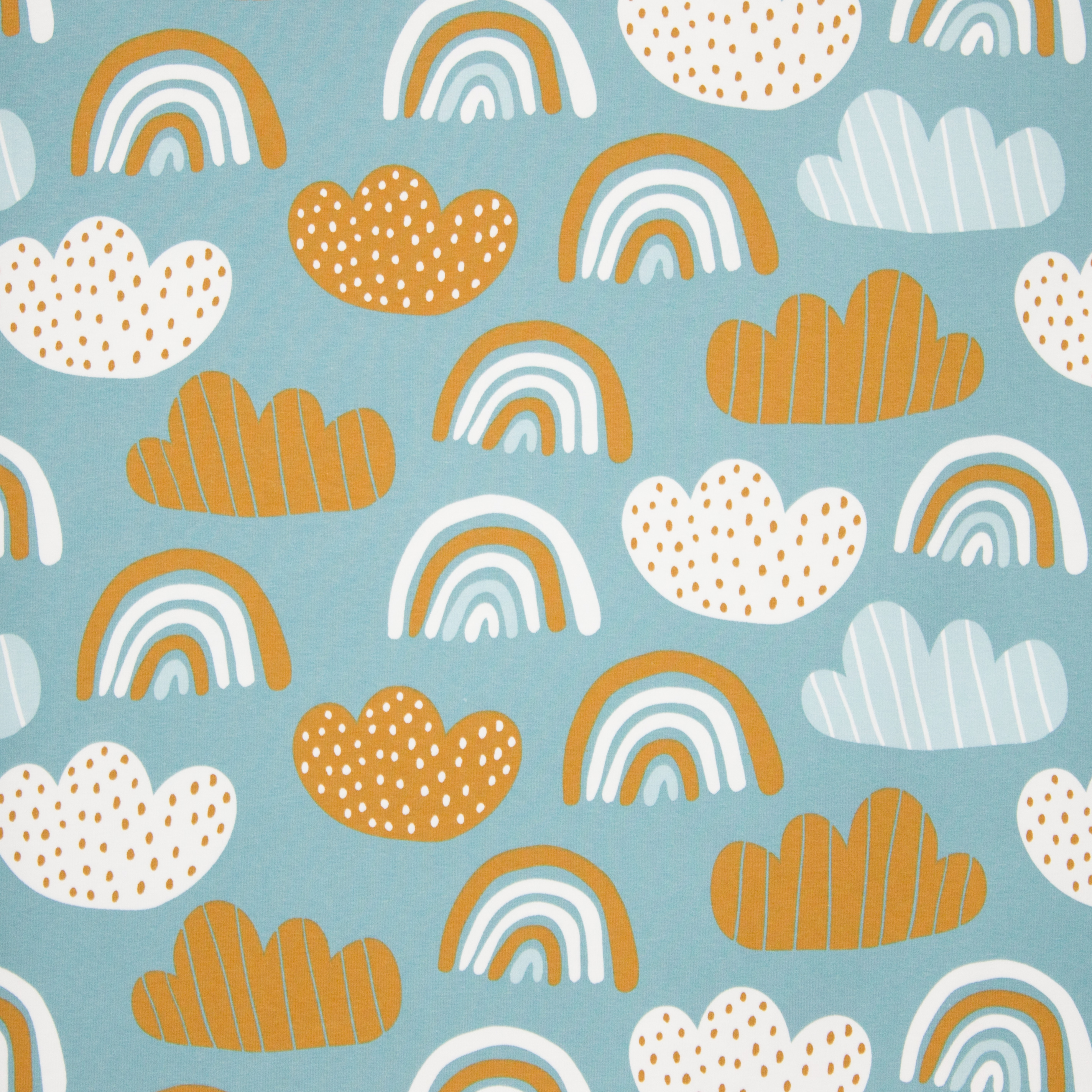 Turquoise tricot met oker, blauwe en witte regenbogen en wolken
