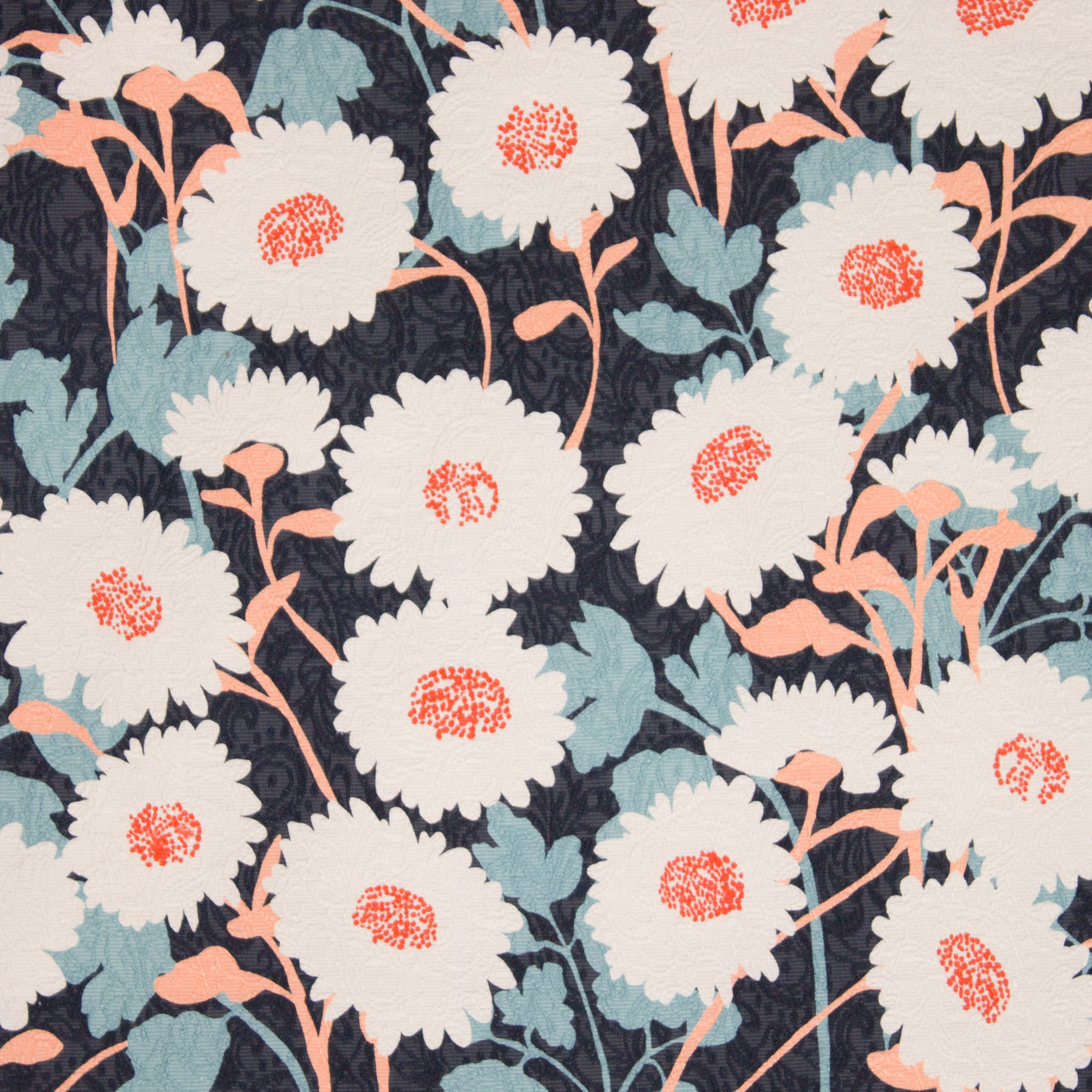 Blauwe structuurstof/ jacquard met witte bloemen