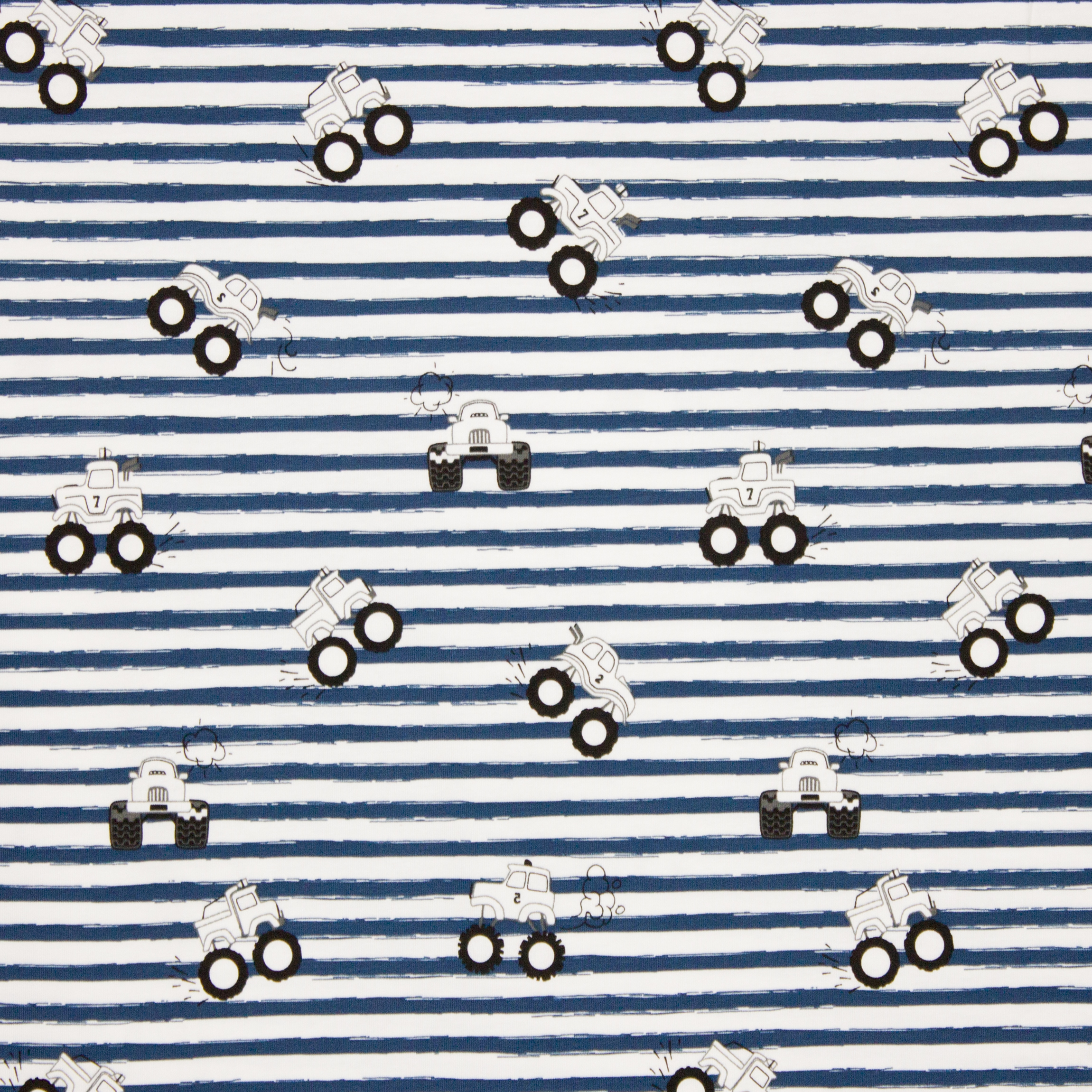 Witte tricot met blauwe strepen en monstertrucks