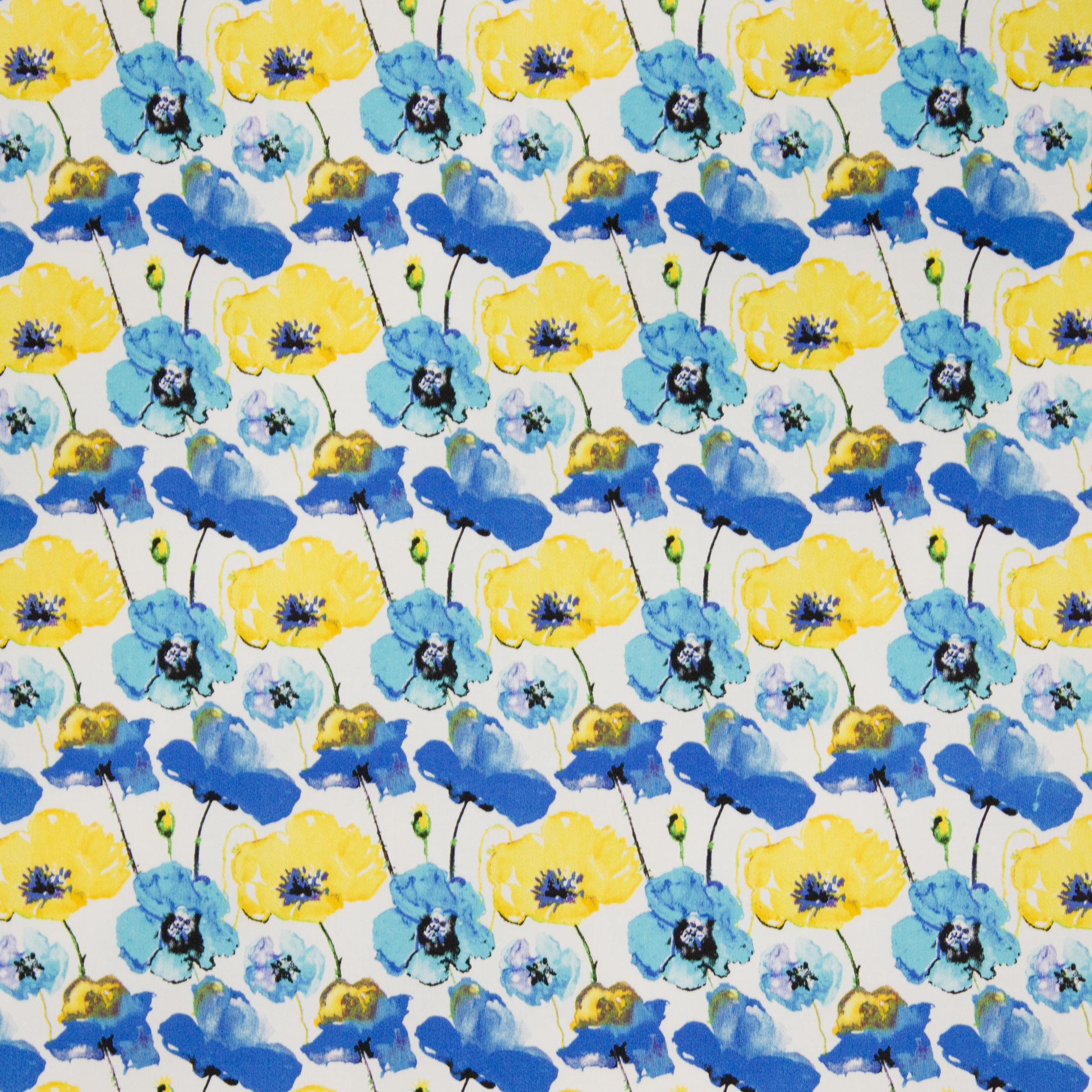 Witte katoen tricot met blauwe en gele bloemen