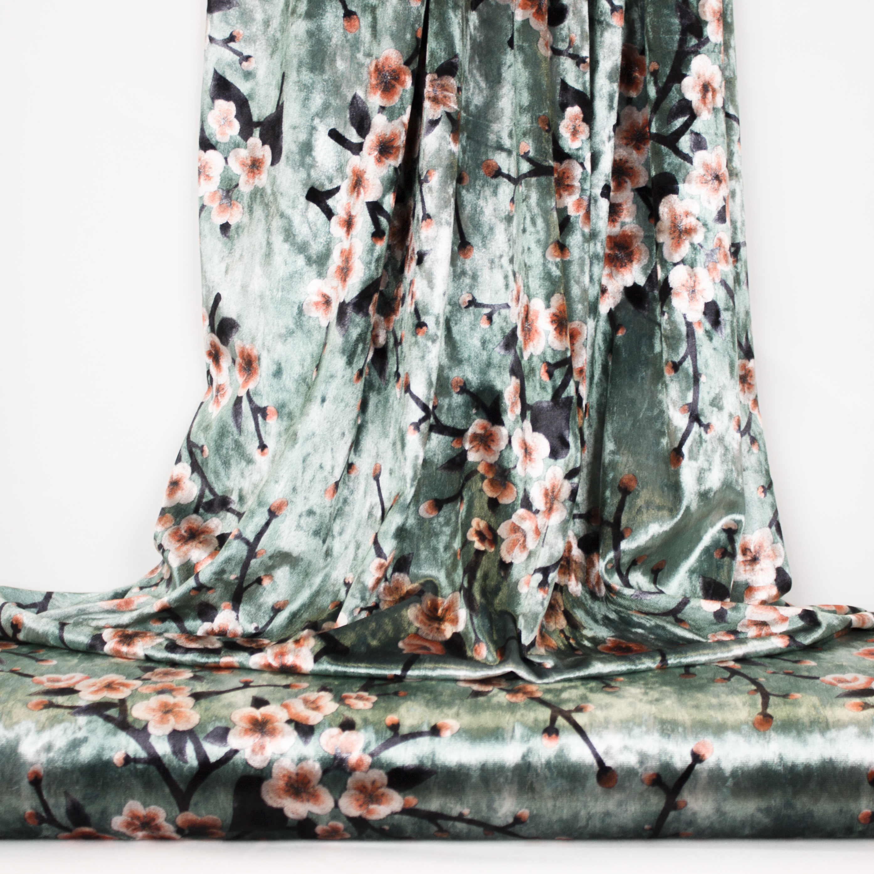 Turquoise fluweel polyester met bloemen