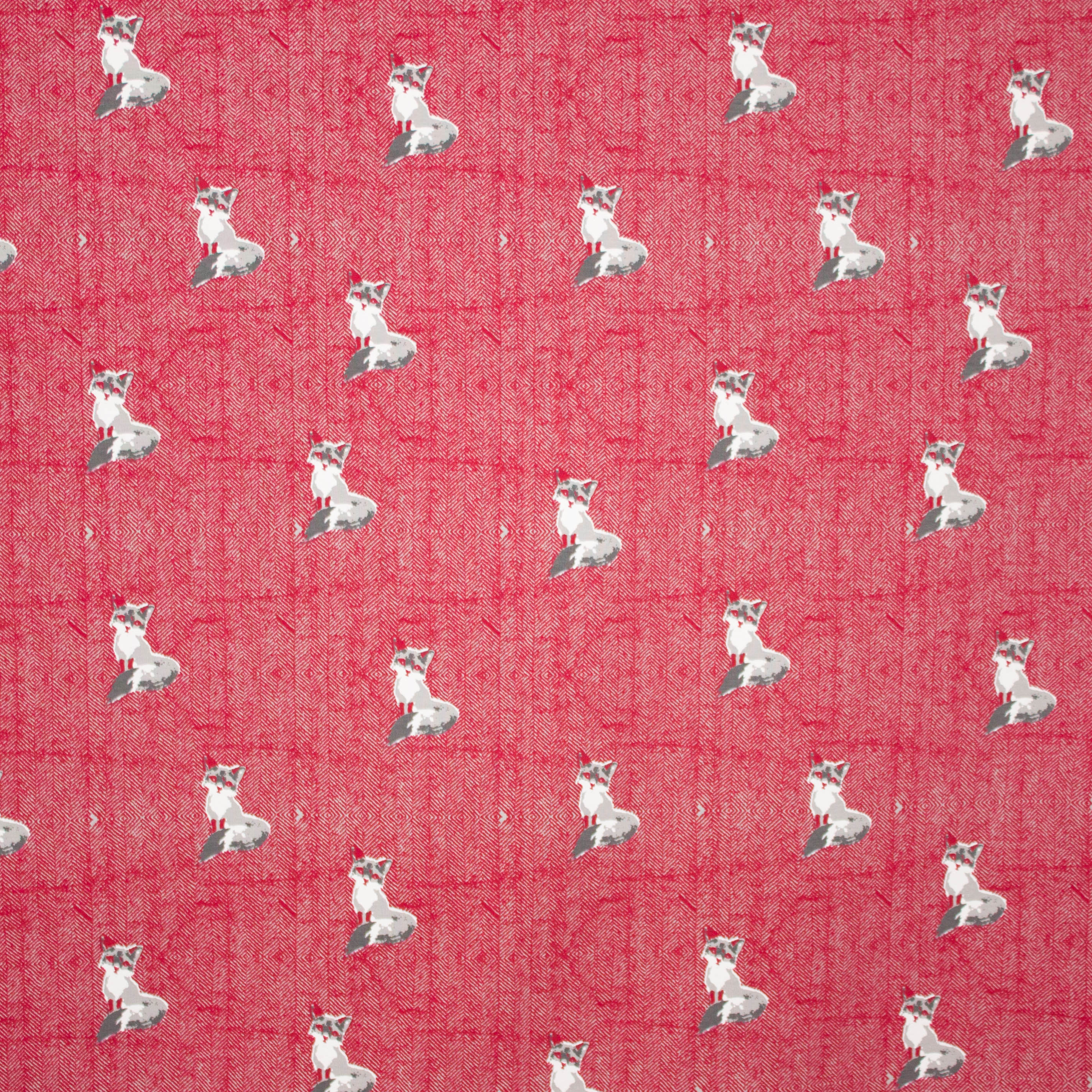 Sweaterstof in rood visgraadmotief met vosjes