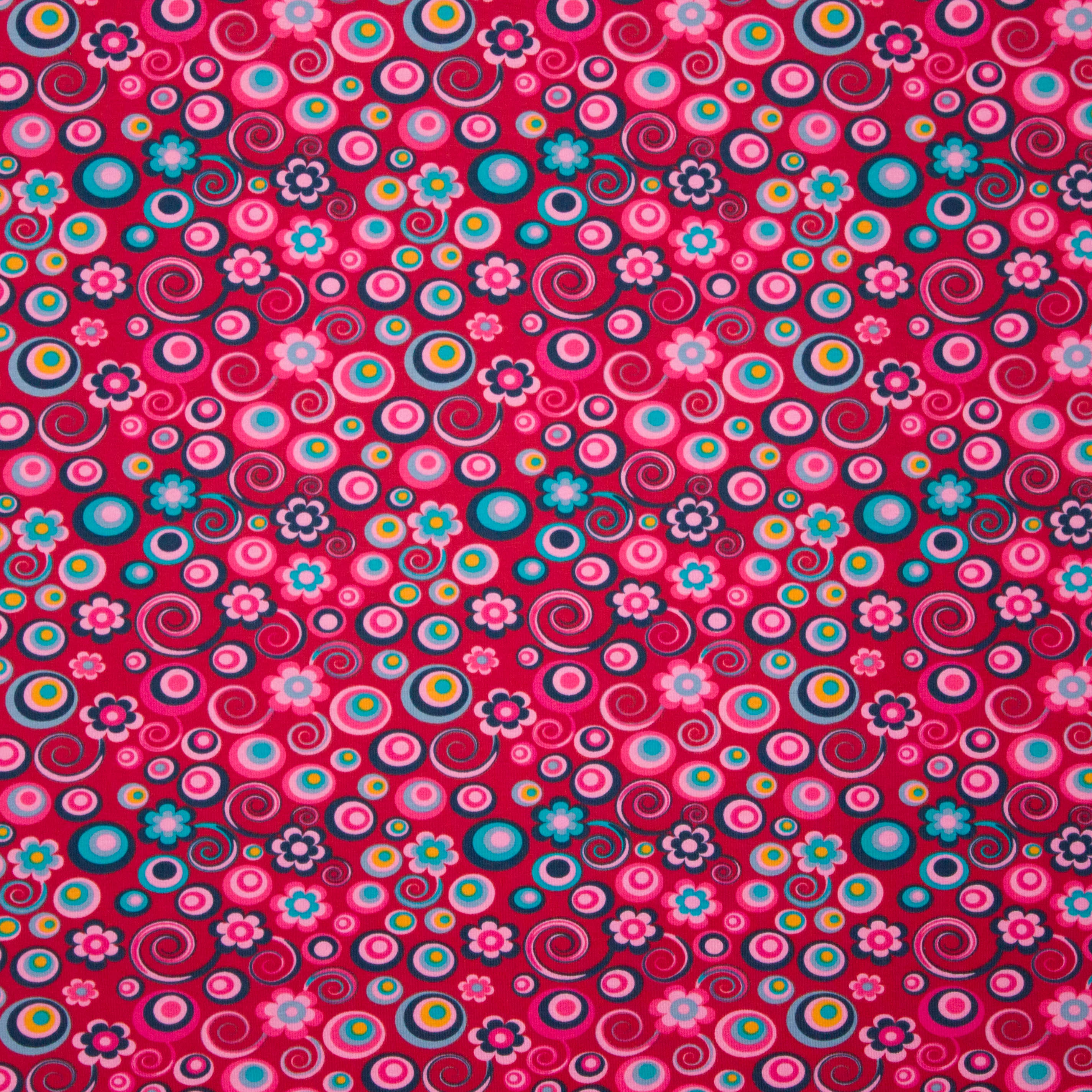 Rode tricot met veelkleurige retrobloemen en bollen van Stenzo