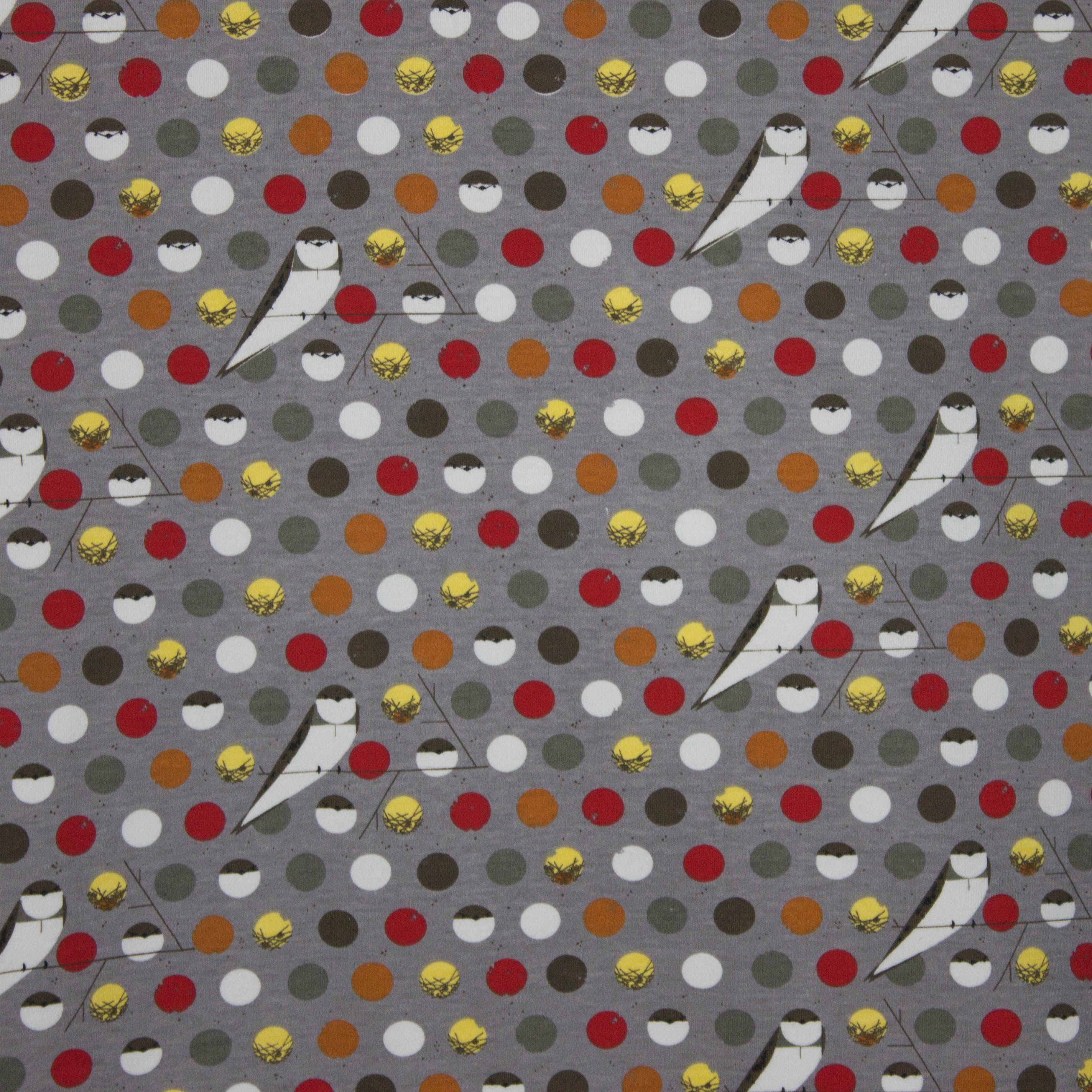 Grijze organische katoenen tricot met zwaluwen van Birch fabrics
