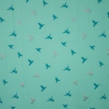 Munt tricot met colibri's in zilveren glitter en petrol