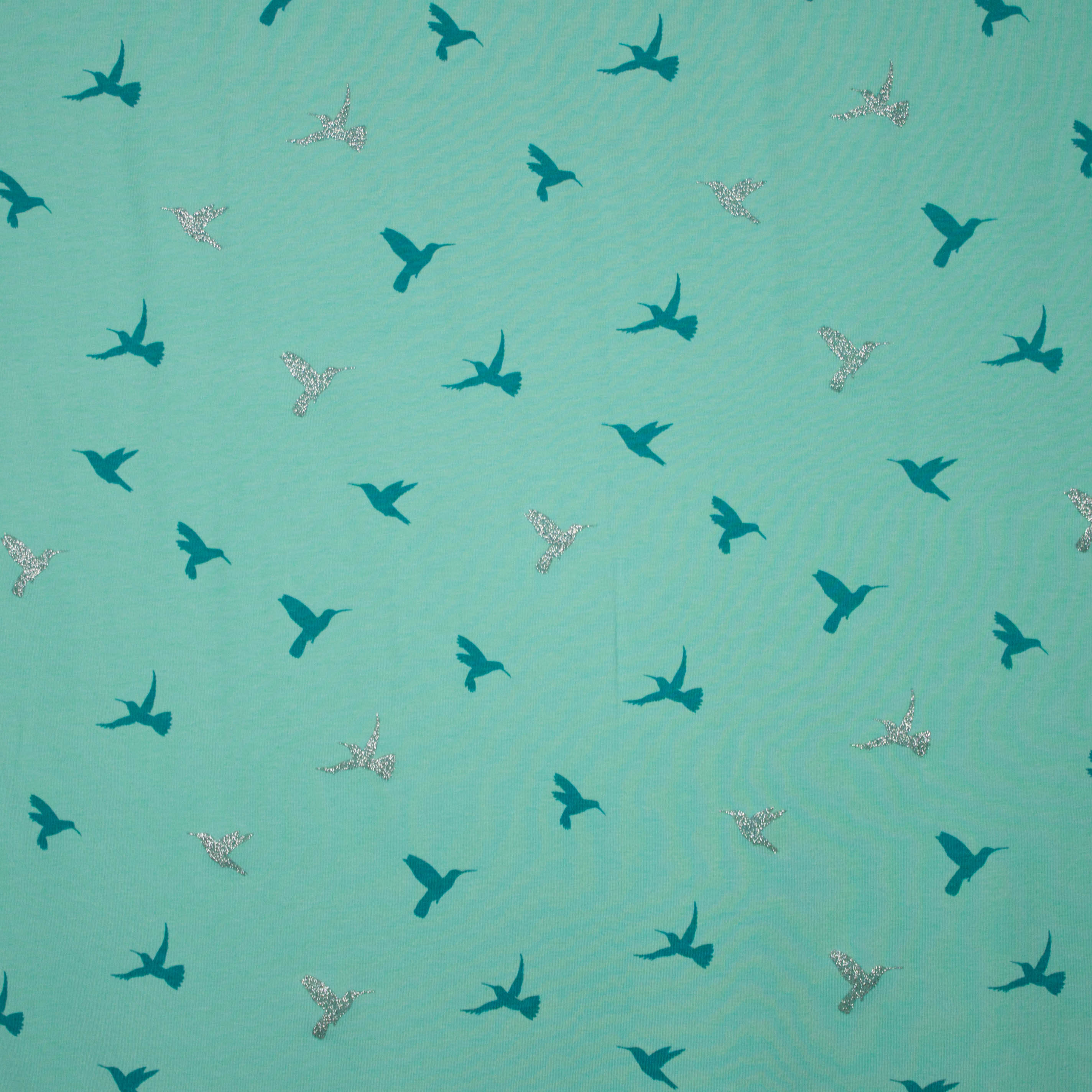 Munt tricot met colibri's in zilveren glitter en petrol