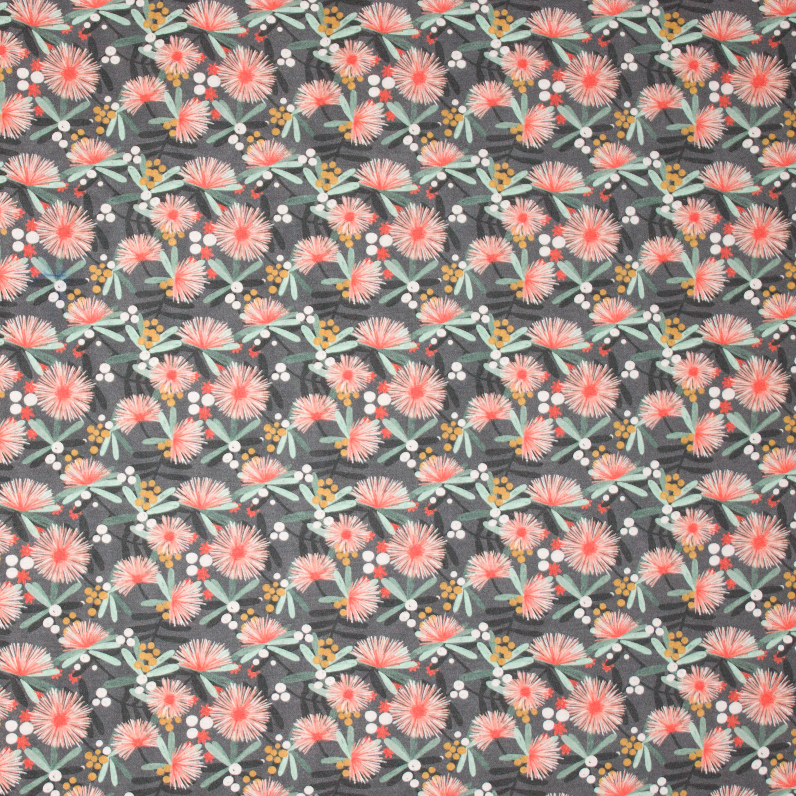 Donkergrijze modal tricot met zalmroze pluisbloemen van 'Lillestoff'