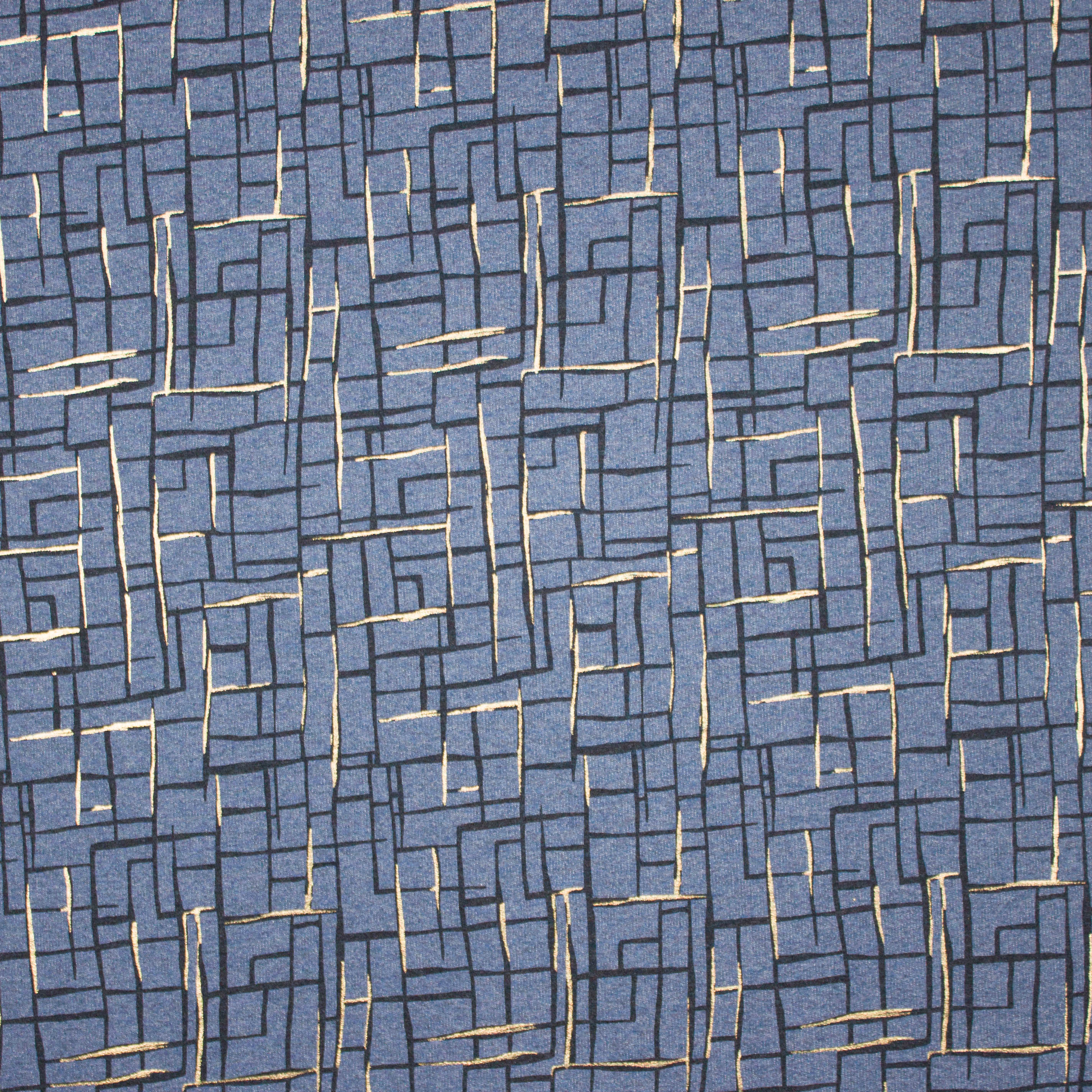 Blauw gemeleerde french terry met abstract lijnenpatroon in zwart en gouden glitter