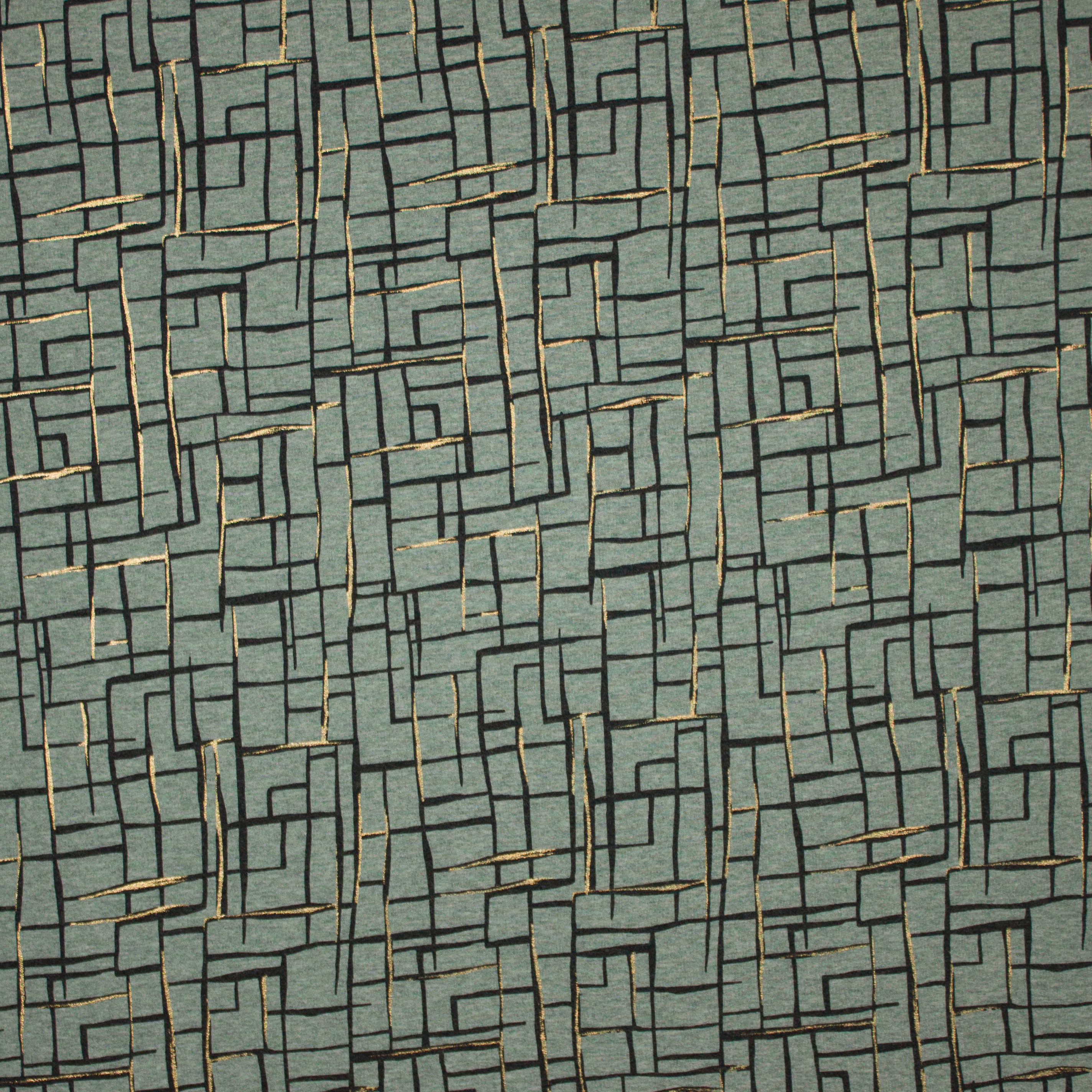 Groen gemeleerde french terry met abstract lijnenpatroon in zwart en gouden glitter