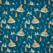 Petrol tricot met motief van stokstaartjes, rotsen en cactussen
