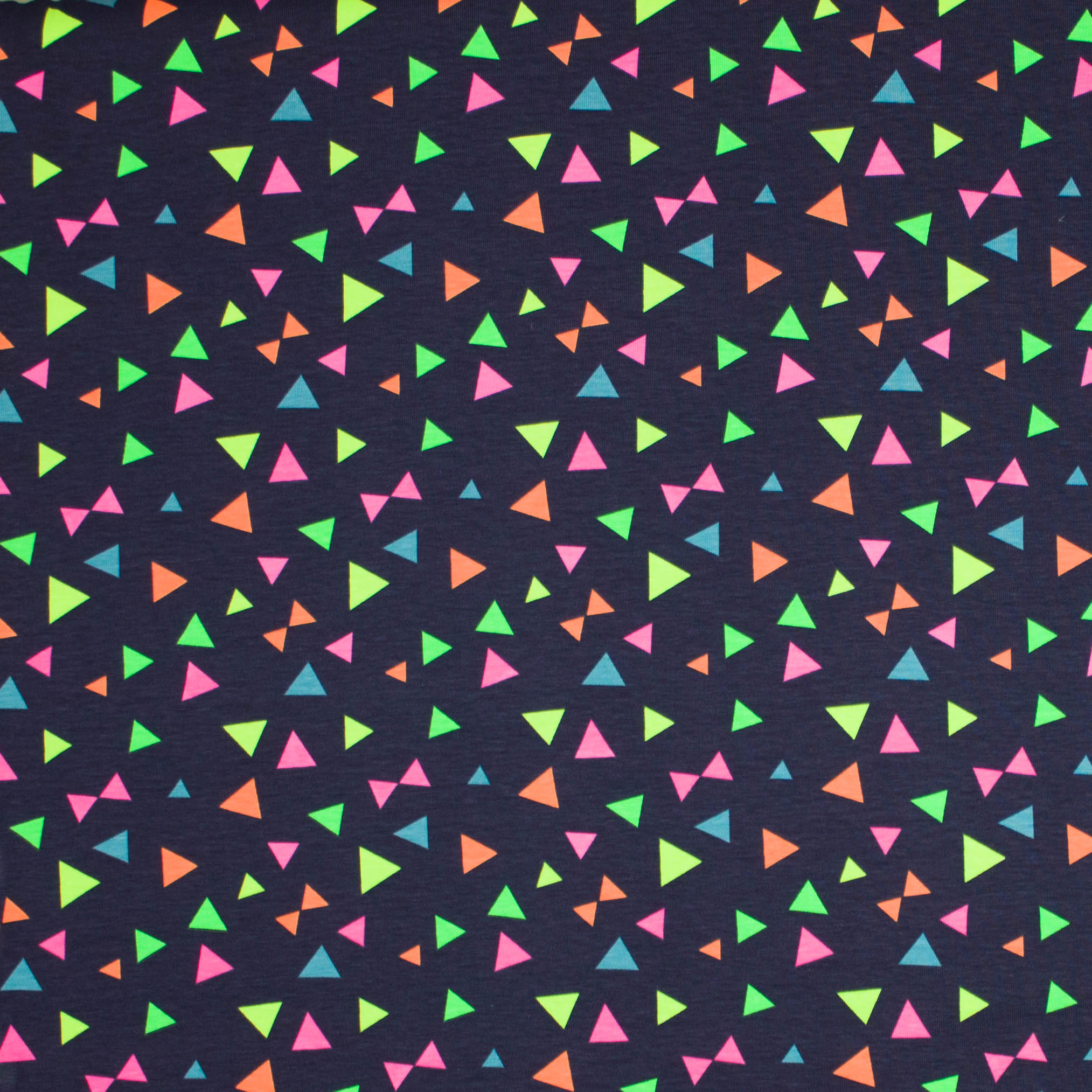 Donkerblauwe tricot met driehoeken en strikjes in neon